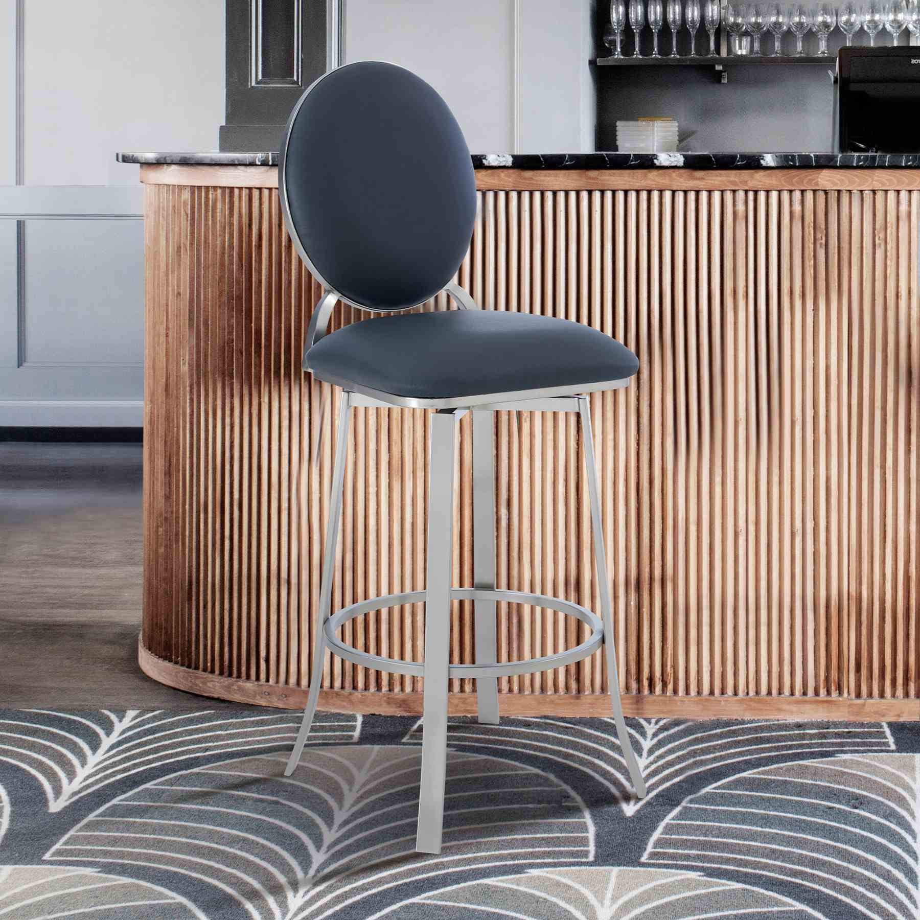 Pia Contemporary 30" Bar Height Barstool in Brushed Stainless Steel Finish and Gray Faux Leather - Image 7