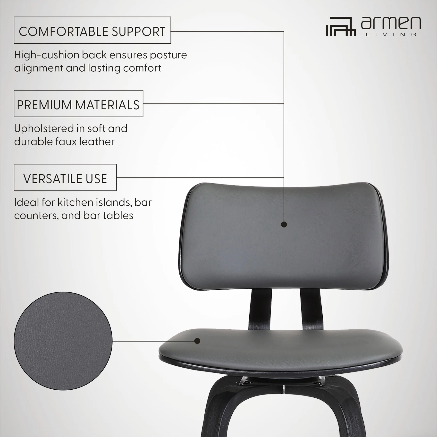Pico 26" Swivel Black Wood Counter Stool in Gray Faux Leather with Black Metal - Image 11
