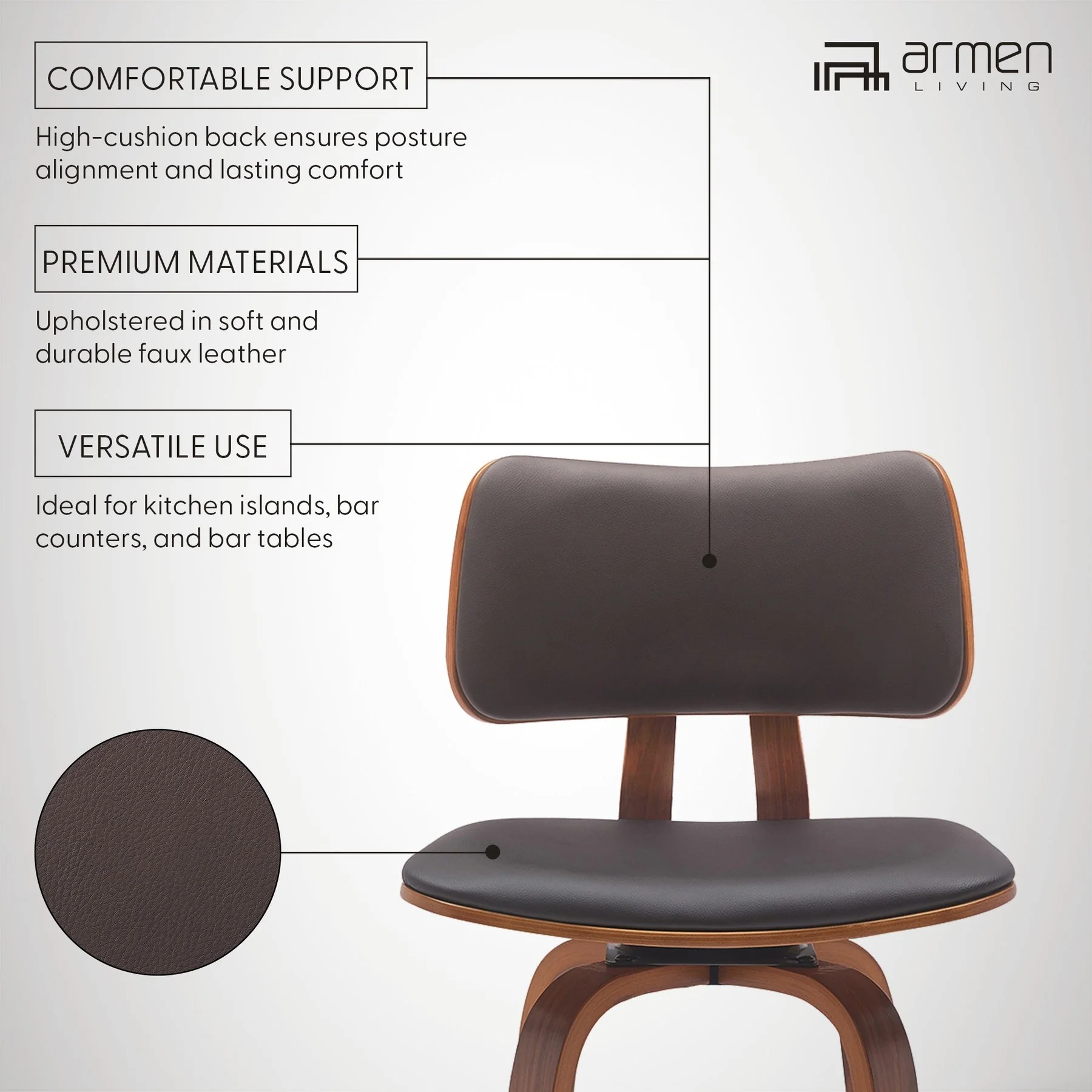 Pico 26" Swivel Walnut Wood Counter Stool in Brown Faux Leather with Chrome - Image 10