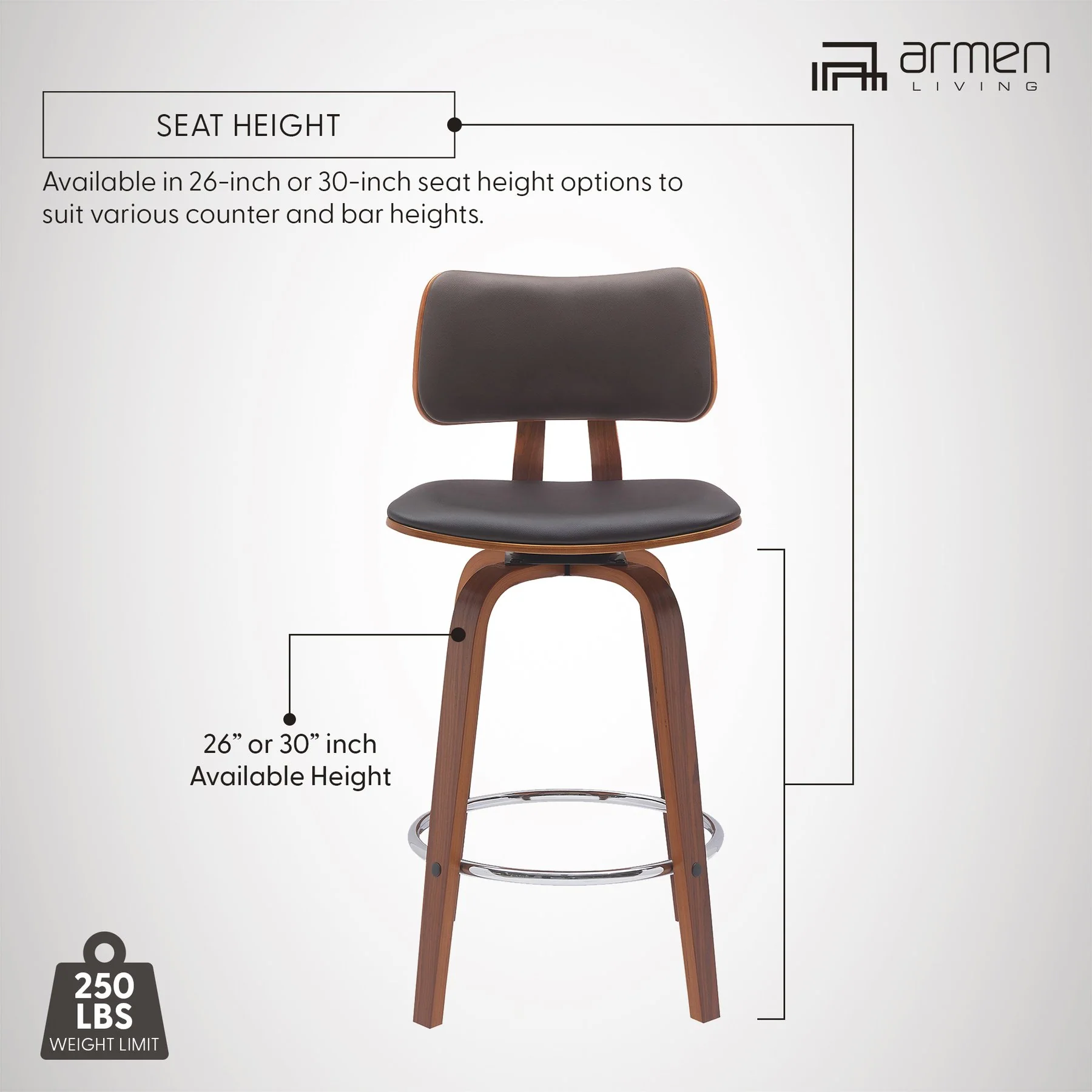 Pico 26" Swivel Walnut Wood Counter Stool in Brown Faux Leather with Chrome - Image 12