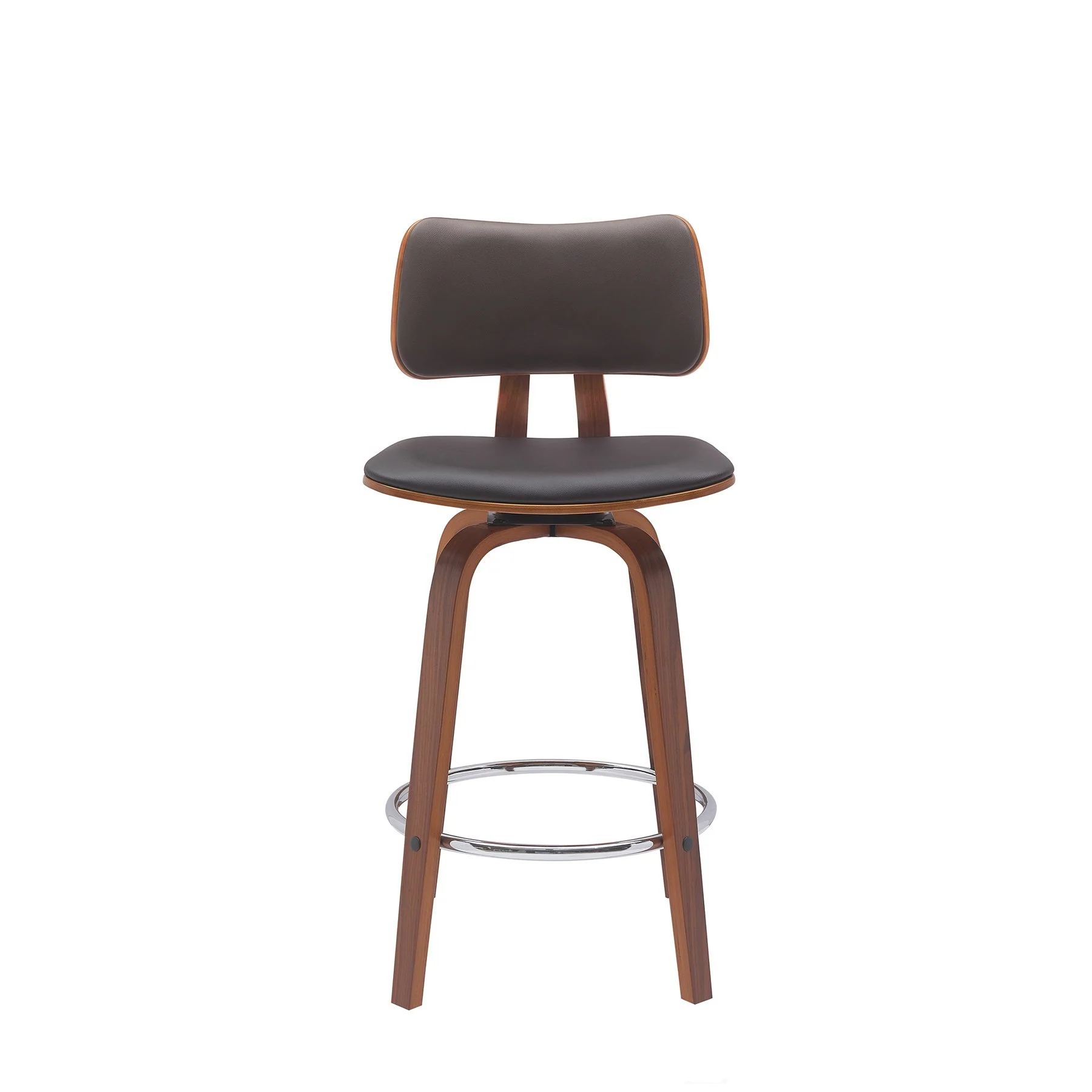 Pico 26" Swivel Walnut Wood Counter Stool in Brown Faux Leather with Chrome - Image 2