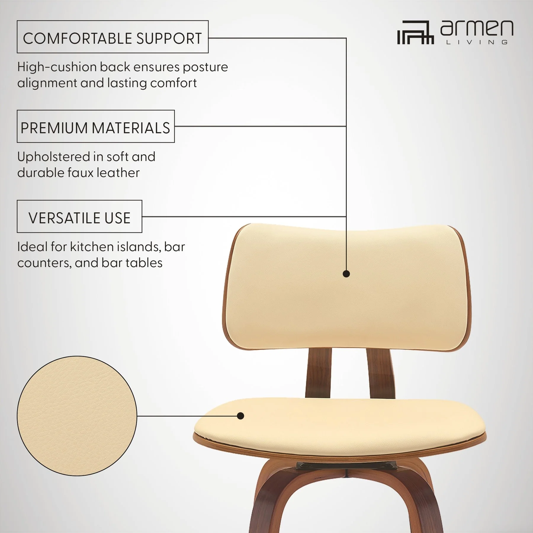 Pico 26" Swivel Walnut Wood Counter Stool in Cream Faux Leather with Chrome - Image 10