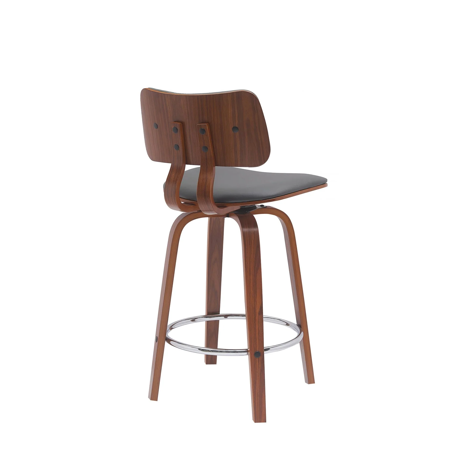 Pico 26" Swivel Walnut Wood Counter Stool in Gray Faux Leather with Chrome - Image 3