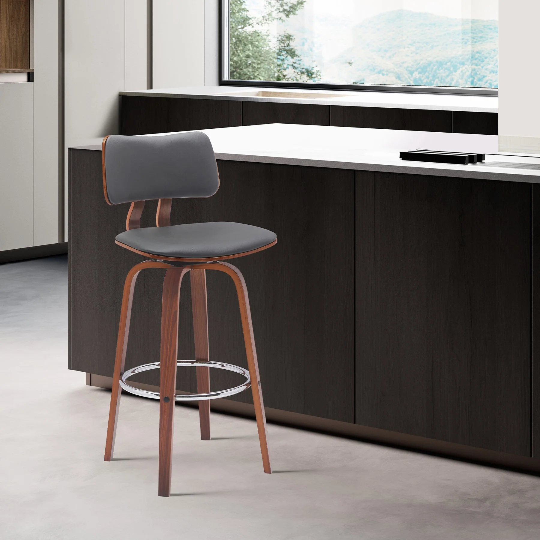 Pico 26" Swivel Walnut Wood Counter Stool in Gray Faux Leather with Chrome - Image 9