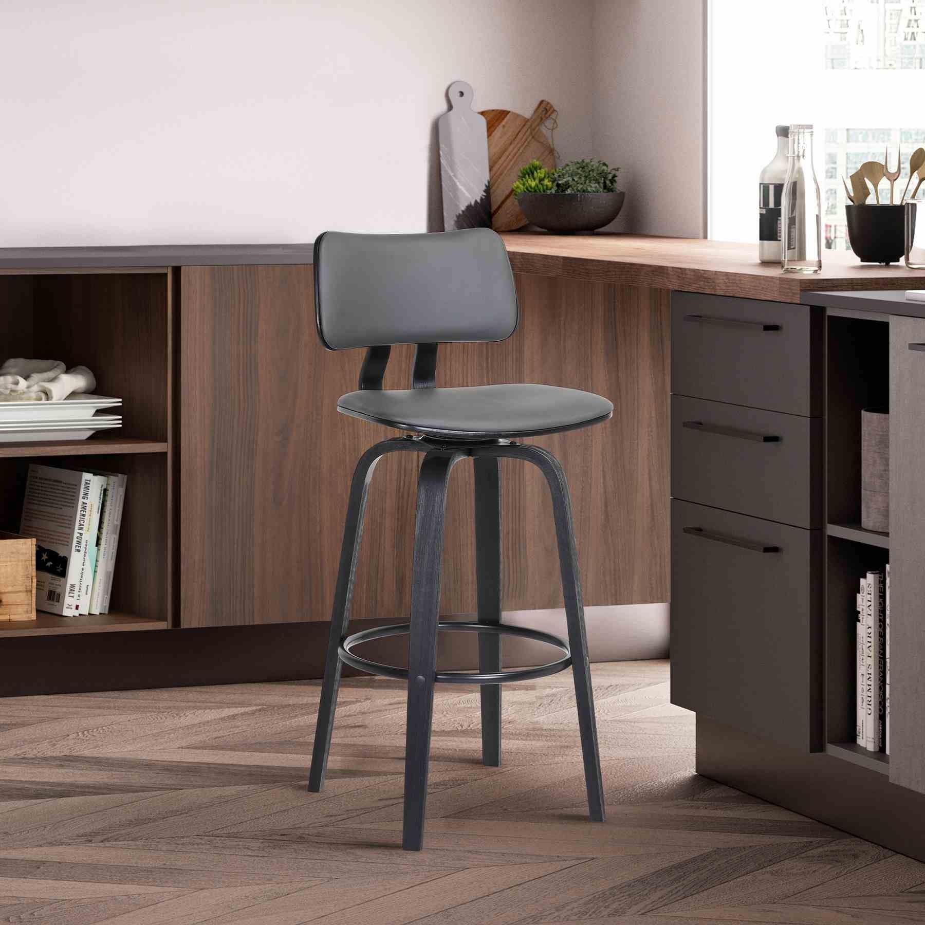 Pico 30" Swivel Black Wood Bar Stool in Gray Faux Leather with Black Metal - Image 10