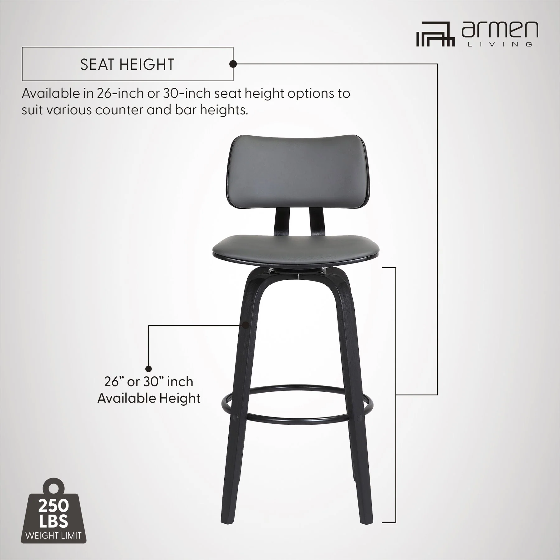 Pico 30" Swivel Black Wood Bar Stool in Gray Faux Leather with Black Metal - Image 13