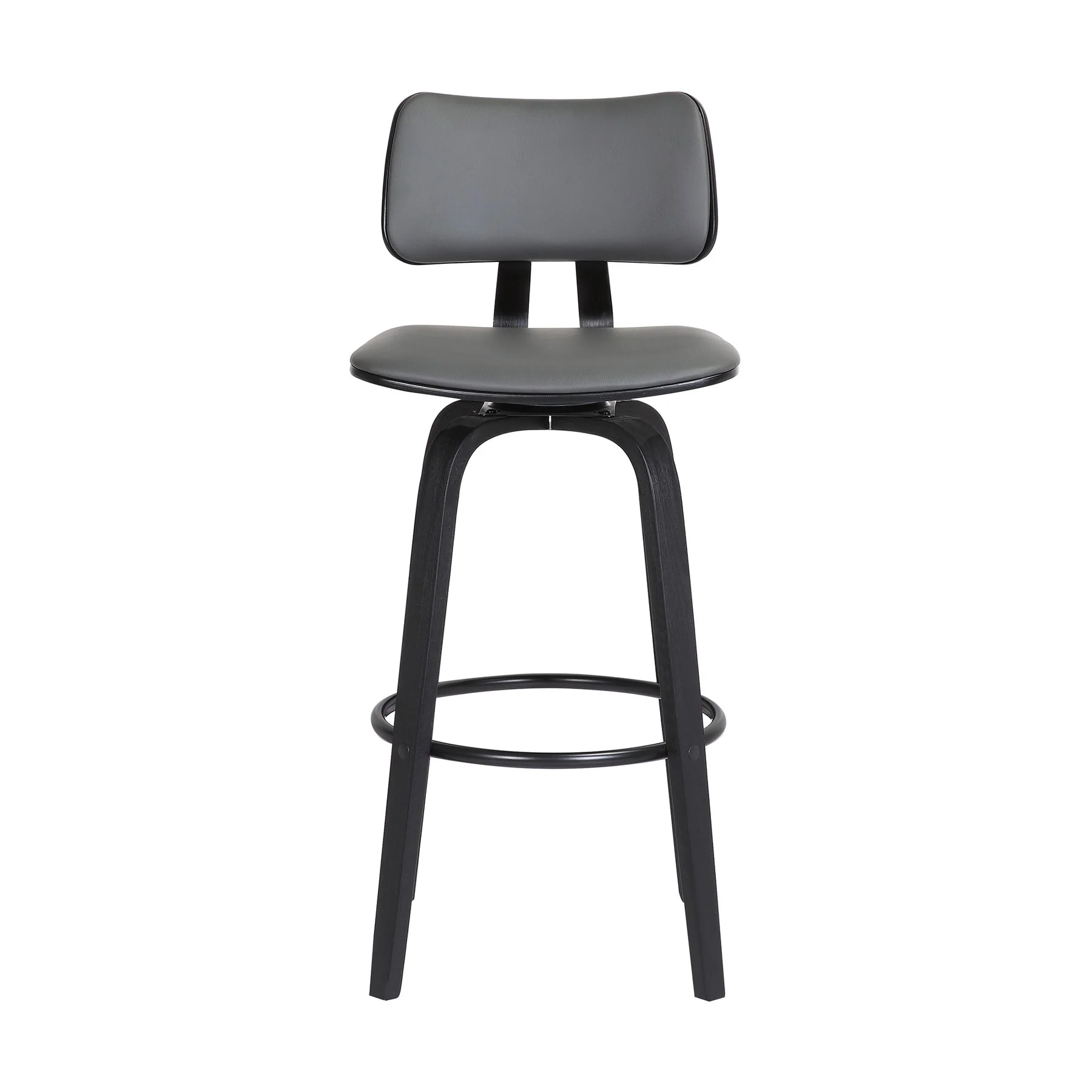 Pico 30" Swivel Black Wood Bar Stool in Gray Faux Leather with Black Metal - Image 2