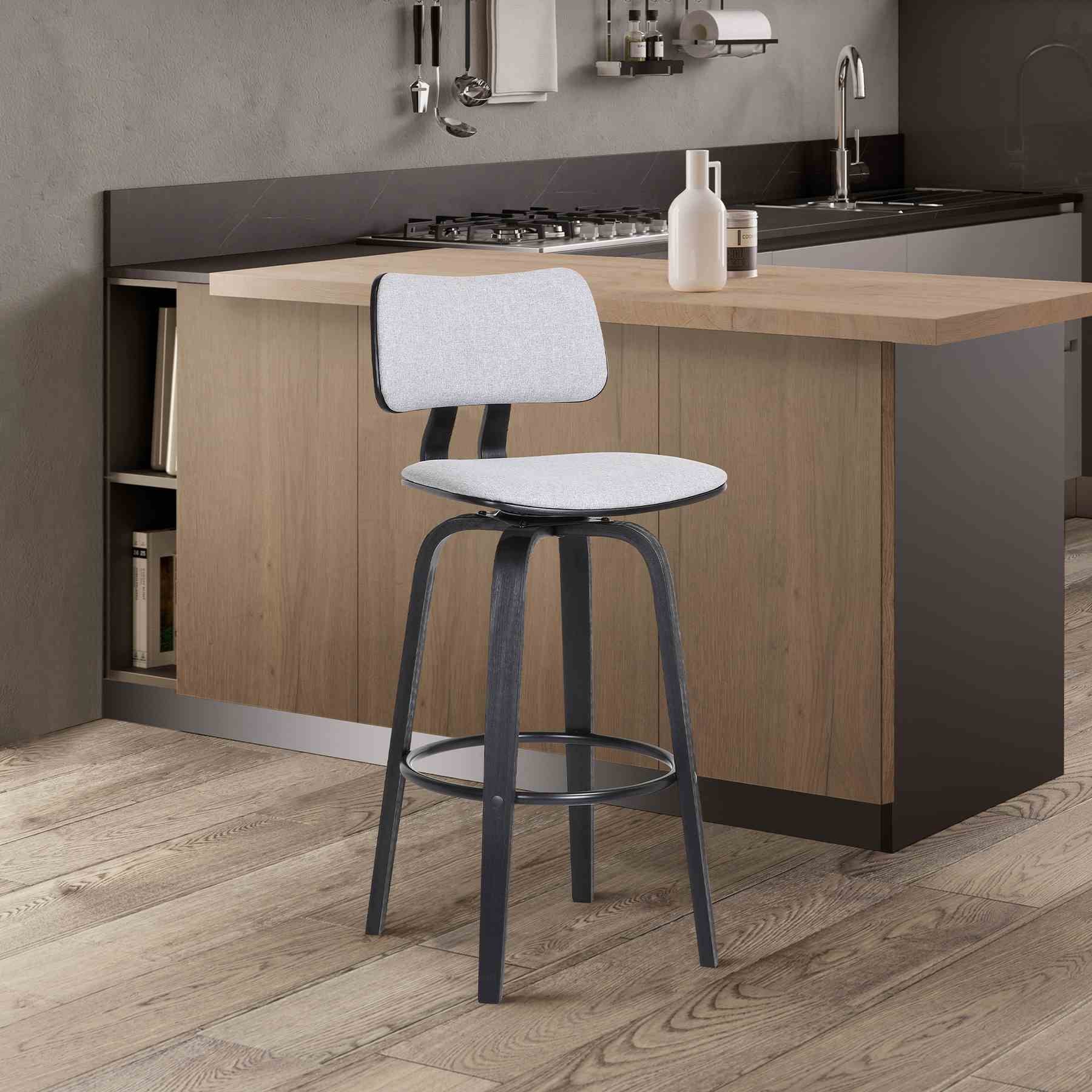 Pico 30" Swivel Black Wood Bar Stool in Light Gray Fabric with Black Metal - Image 10