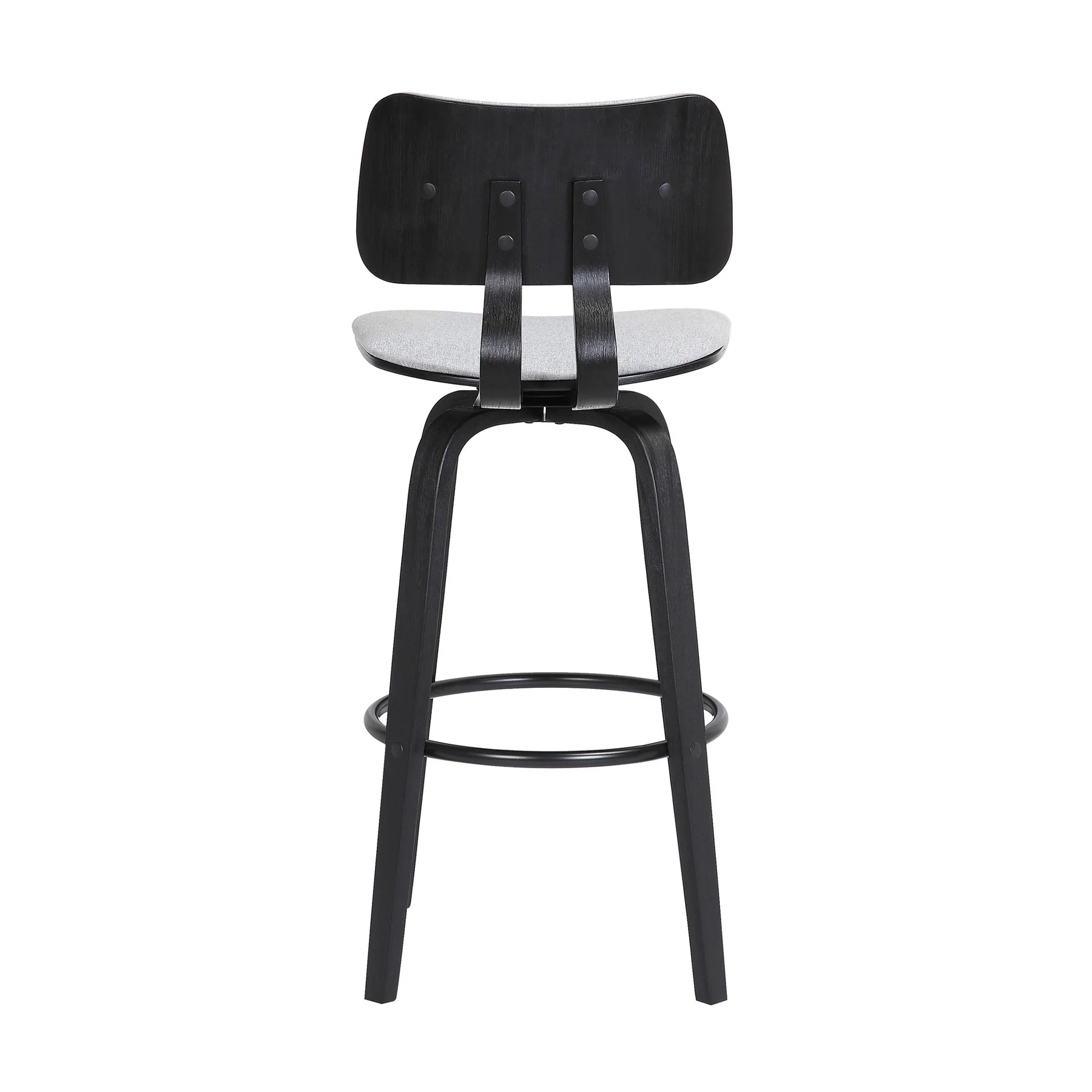 Pico 30" Swivel Black Wood Bar Stool in Light Gray Fabric with Black Metal - Image 5