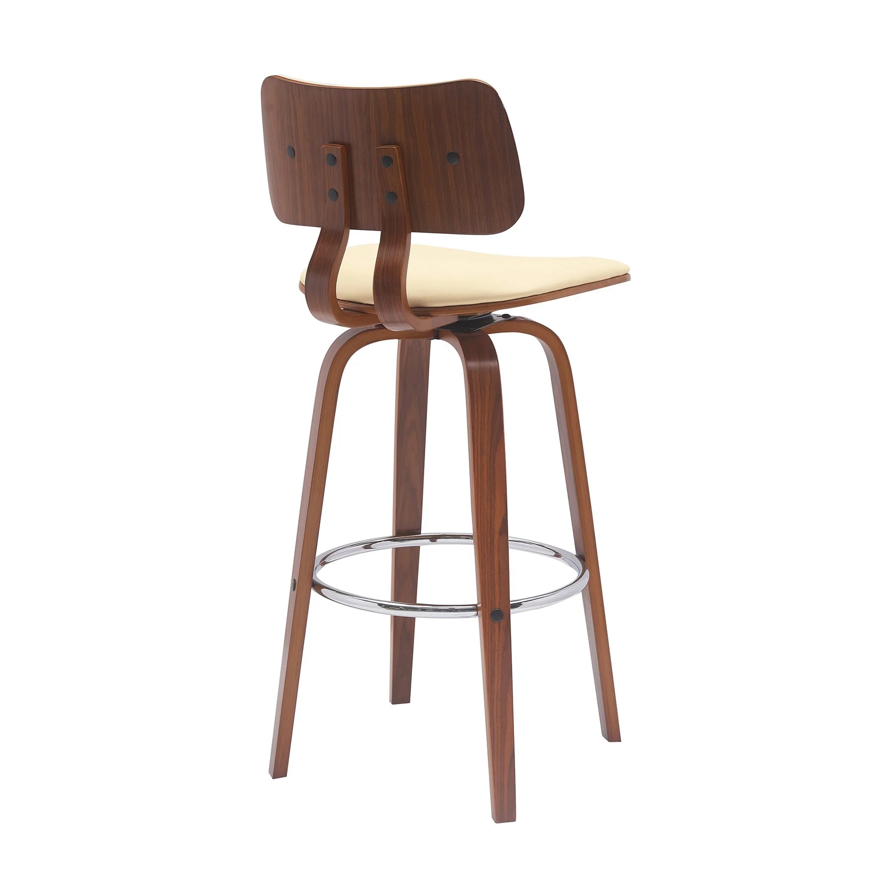 Pico 30" Swivel Walnut Wood Bar Stool in Cream Faux Leather with Chrome - Image 3
