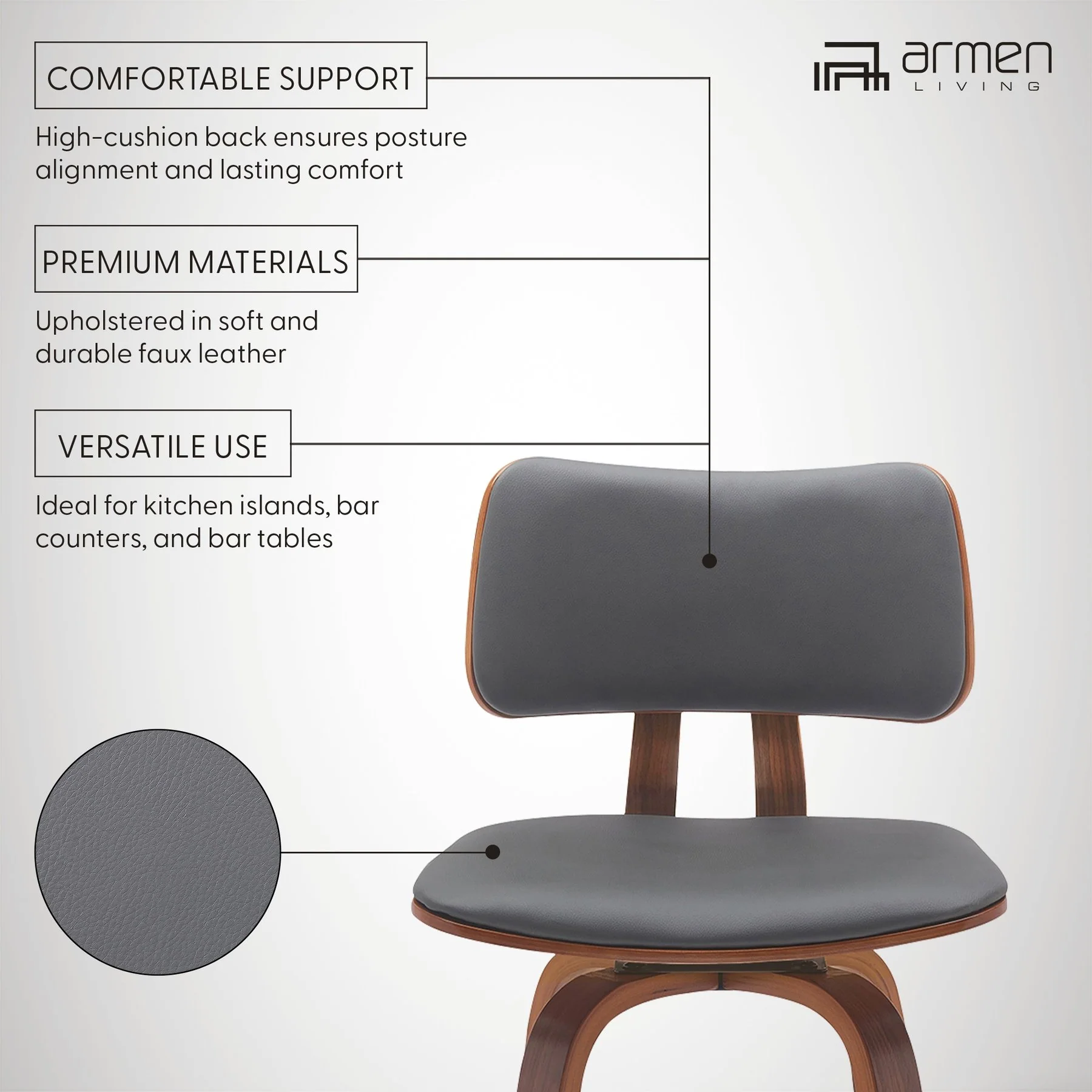 Pico 30" Swivel Walnut Wood Bar Stool in Gray Faux Leather with Chrome - Image 10