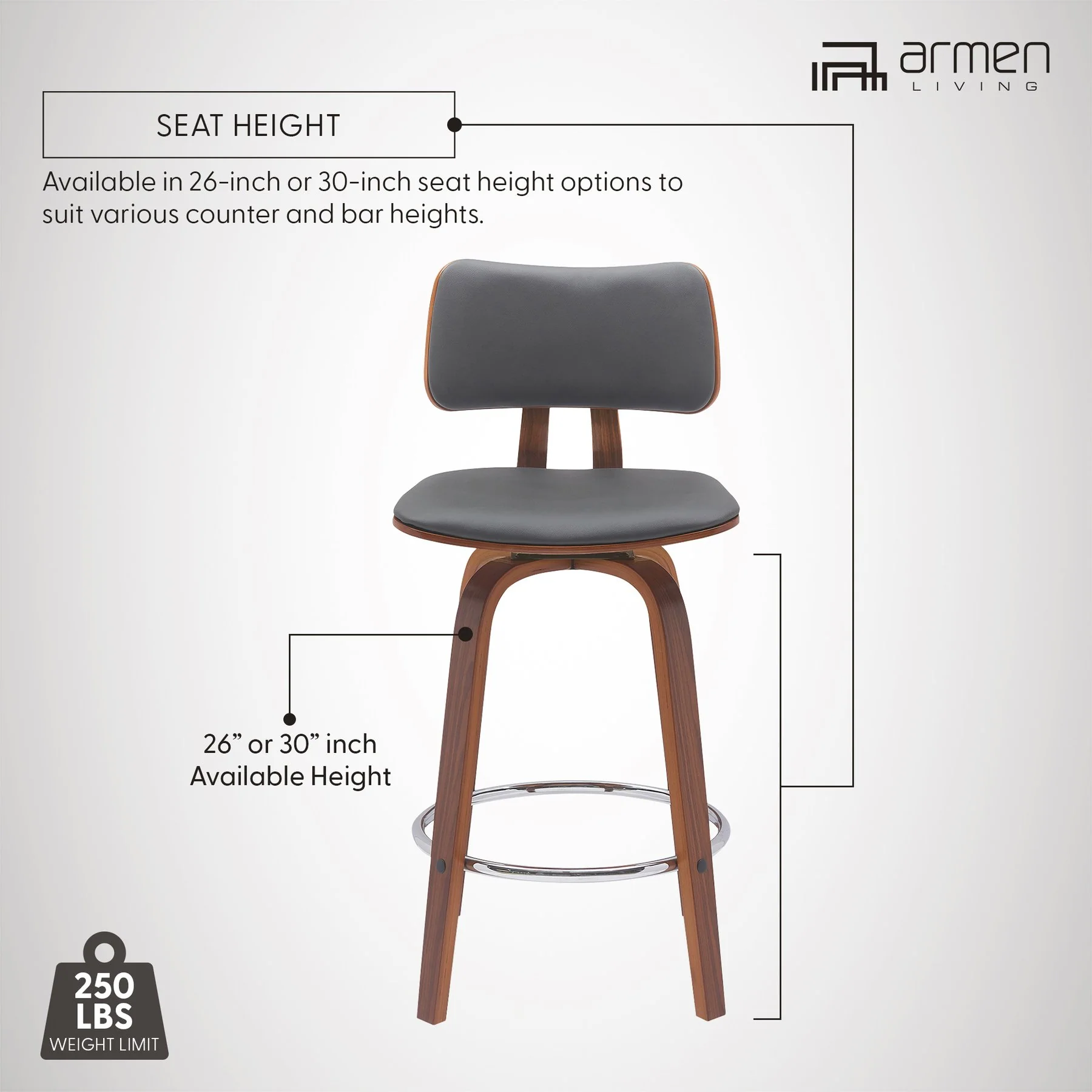 Pico 30" Swivel Walnut Wood Bar Stool in Gray Faux Leather with Chrome - Image 12