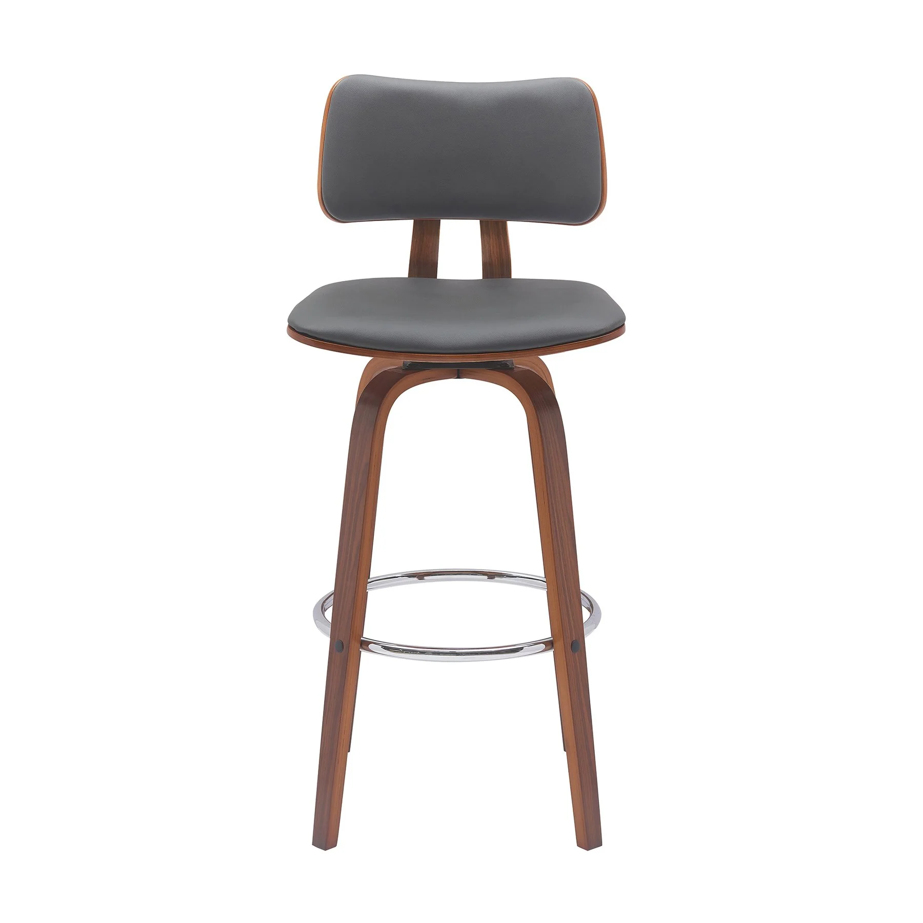 Pico 30" Swivel Walnut Wood Bar Stool in Gray Faux Leather with Chrome - Image 2
