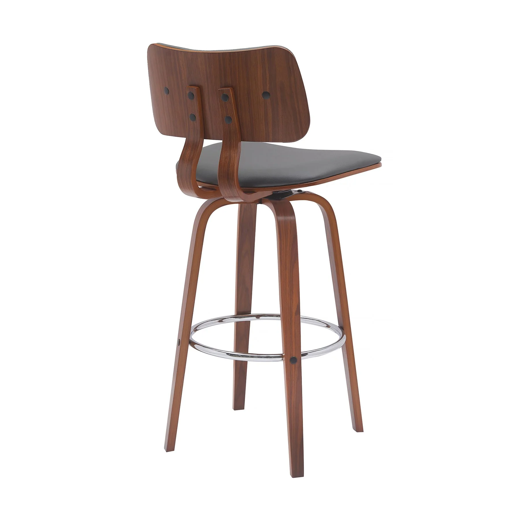 Pico 30" Swivel Walnut Wood Bar Stool in Gray Faux Leather with Chrome - Image 3