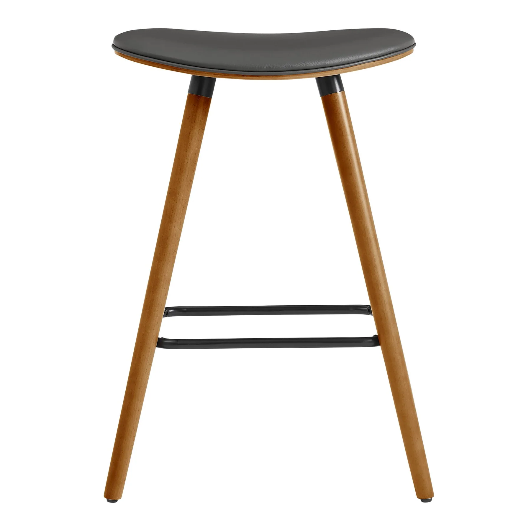 Piper 26" Counter Height Backless Bar Stool in Gray Faux Leather and Walnut Wood - Image 2