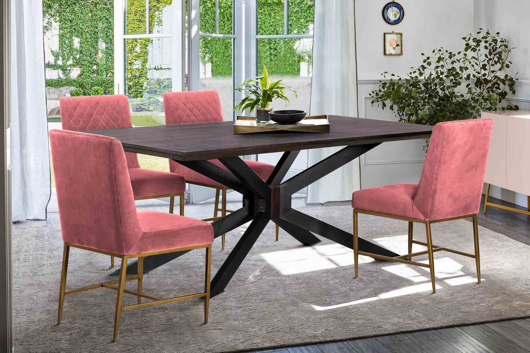 Pirate and Memphis 5 Piece Modern Dining Set in Brown Acacia Wood and Pink Velvet Fabric - Image 9