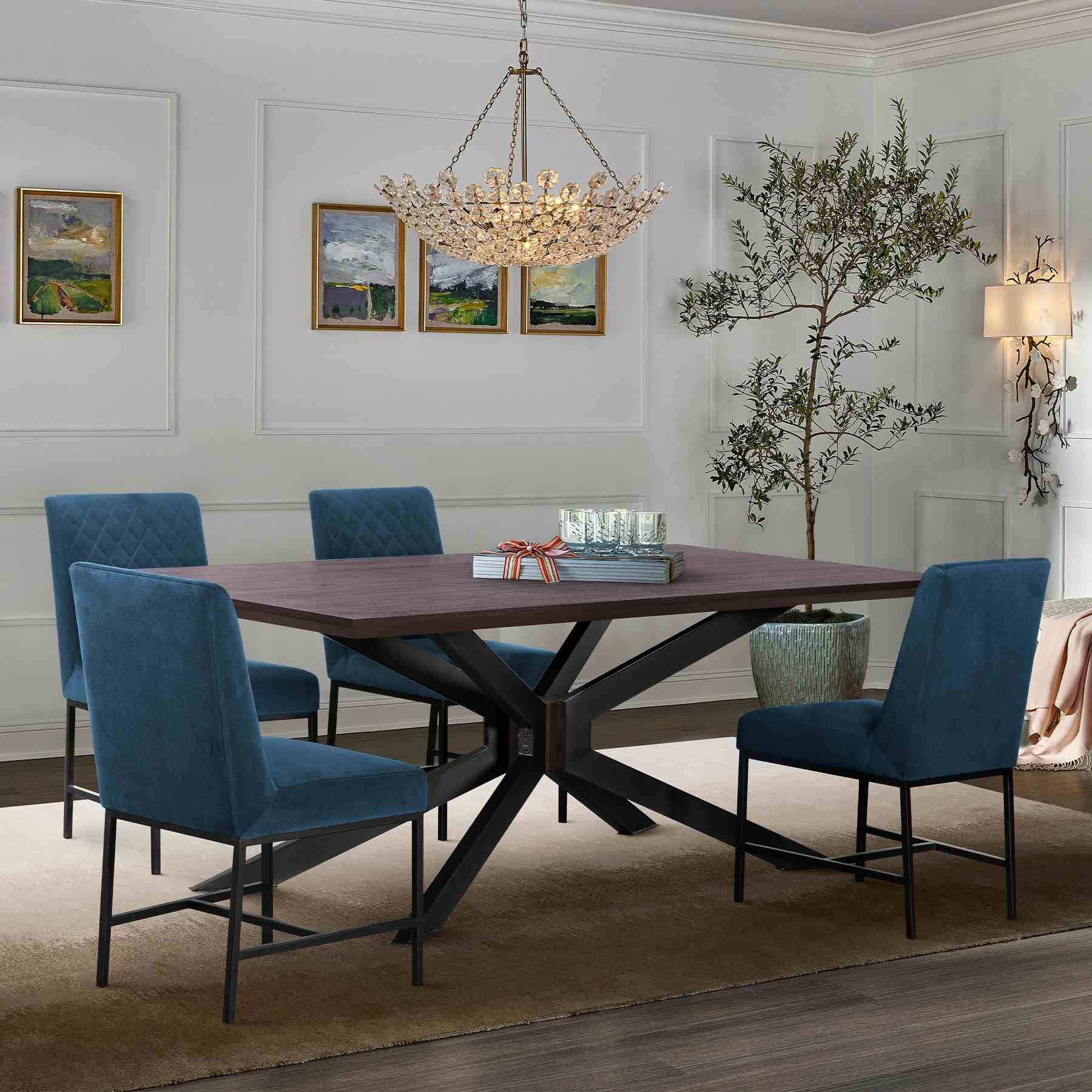 Pirate and Napoli 5 Piece Modern Dining Set in Brown Acacia Wood and Blue Fabric - Image 8