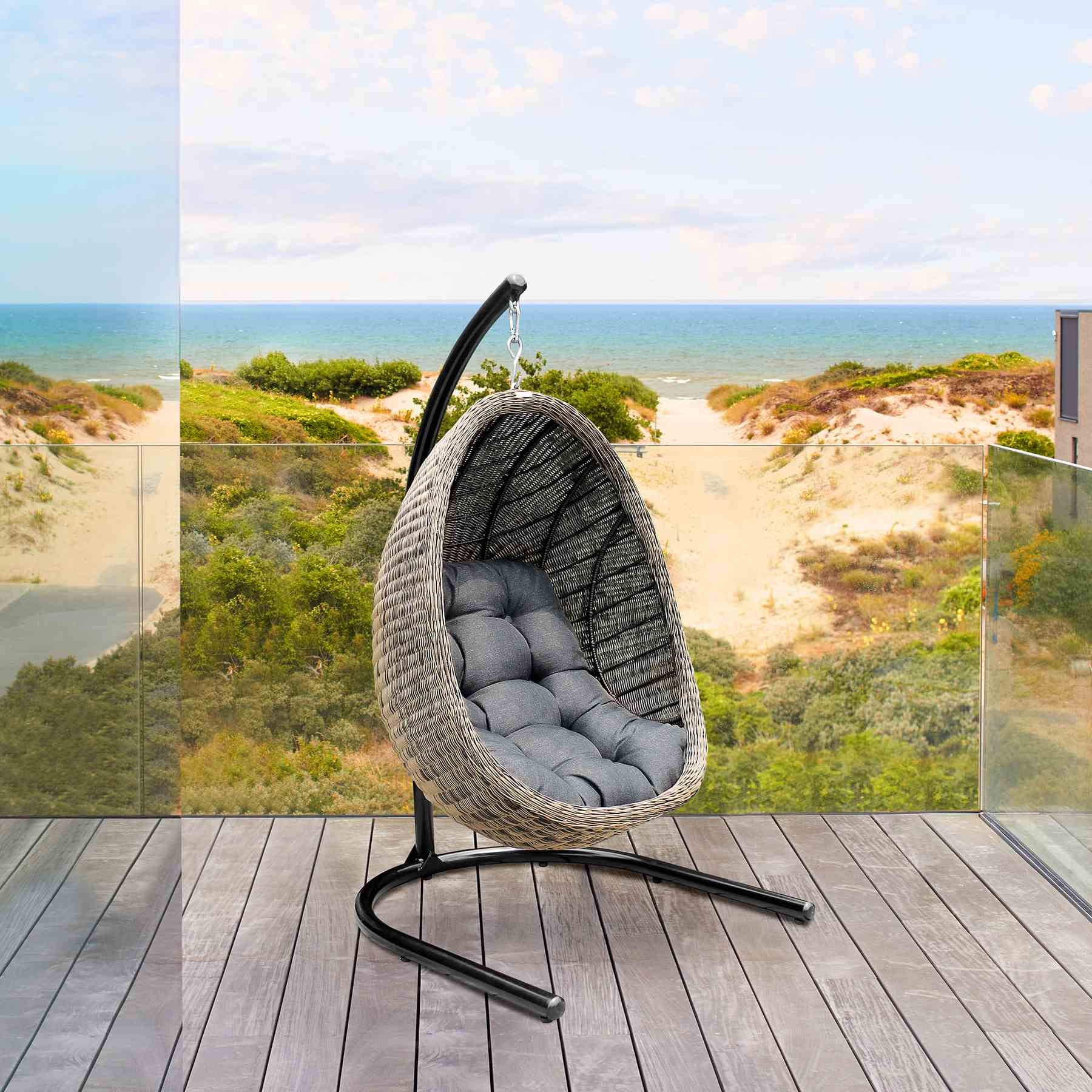 Pisces Indoor Outdoor Hanging Egg Swing Chair in Espresso Wicker with Black Iron Stand - Image 11