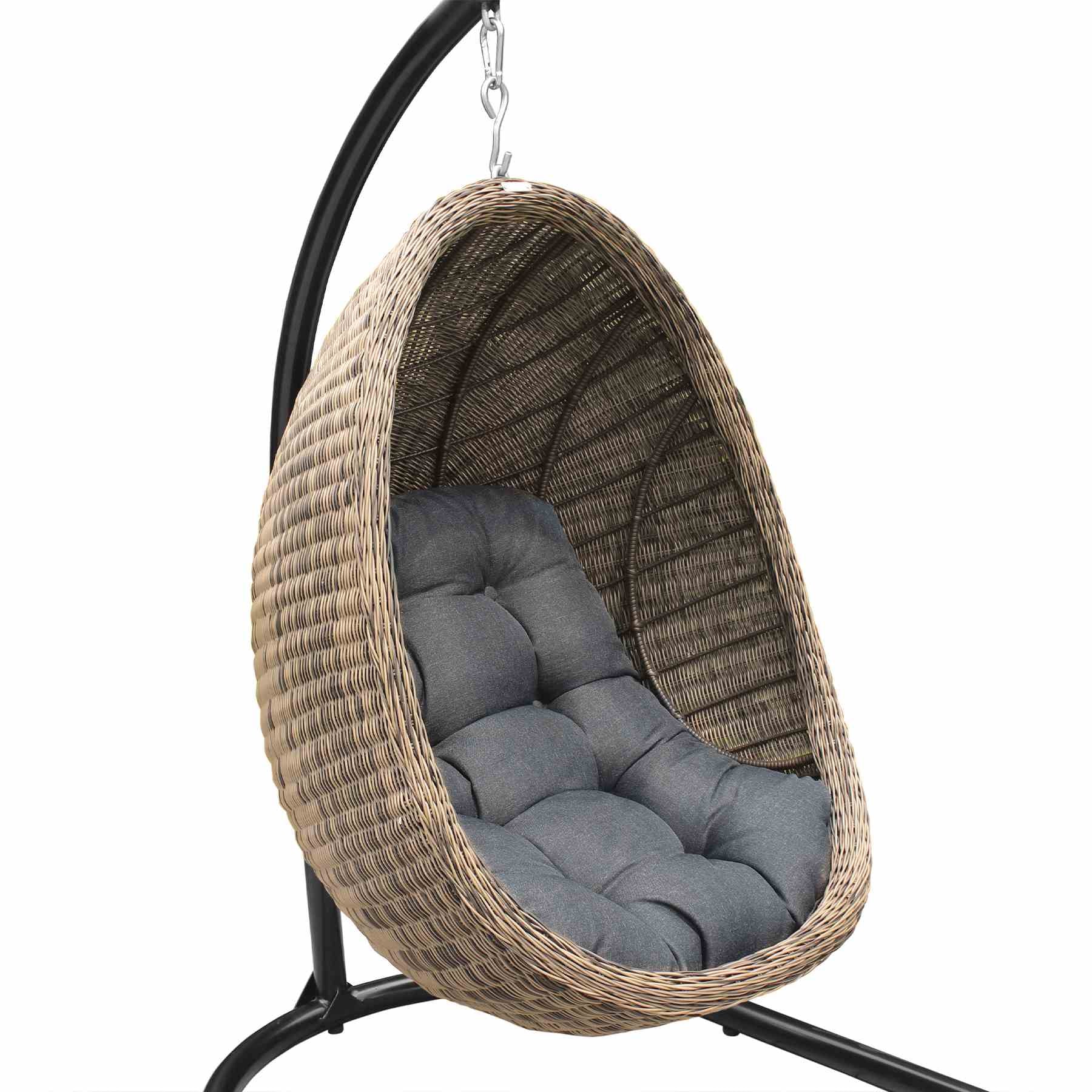 Pisces Indoor Outdoor Hanging Egg Swing Chair in Espresso Wicker with Black Iron Stand - Image 6