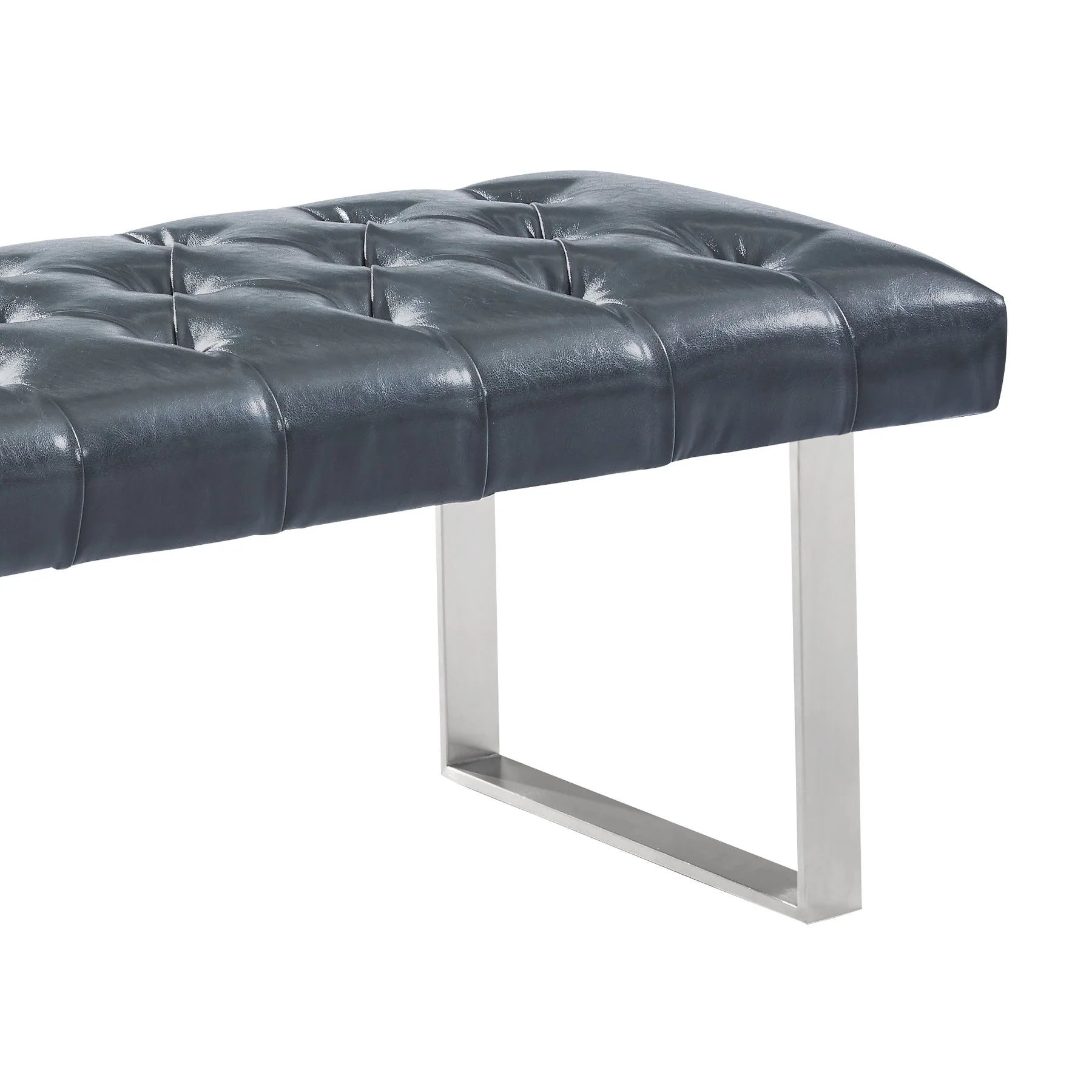 Plaza Contemporary Bench in Gray Faux Leather and Brushed Stainless Steel Finish - Image 2