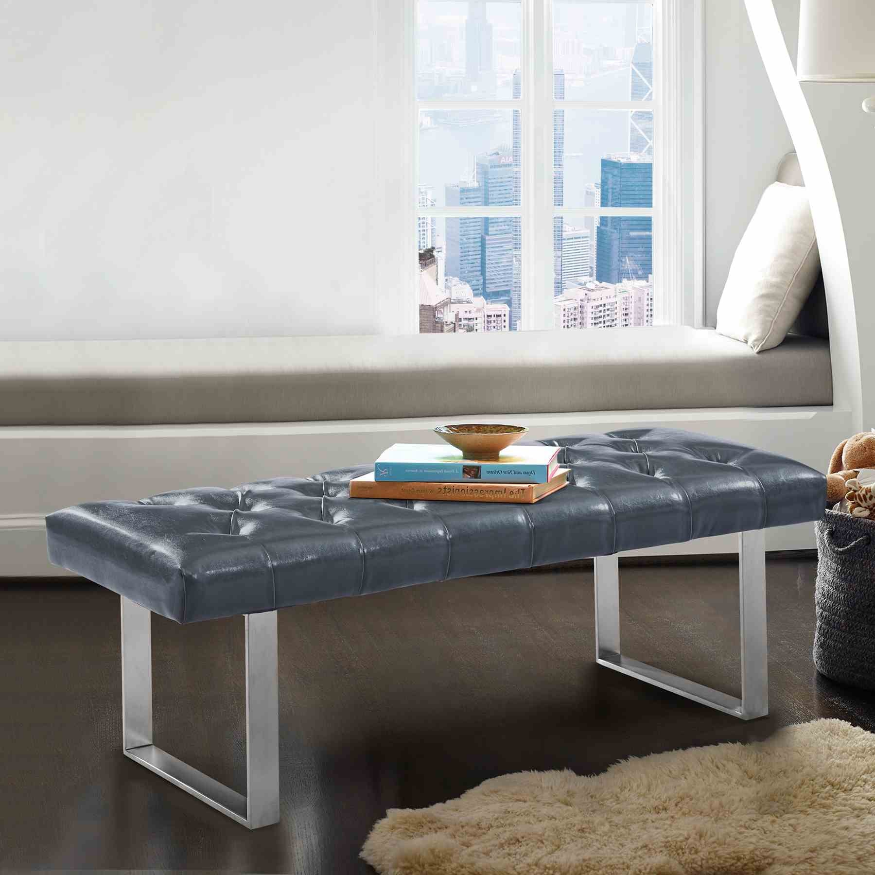 Plaza Contemporary Bench in Gray Faux Leather and Brushed Stainless Steel Finish - Image 3