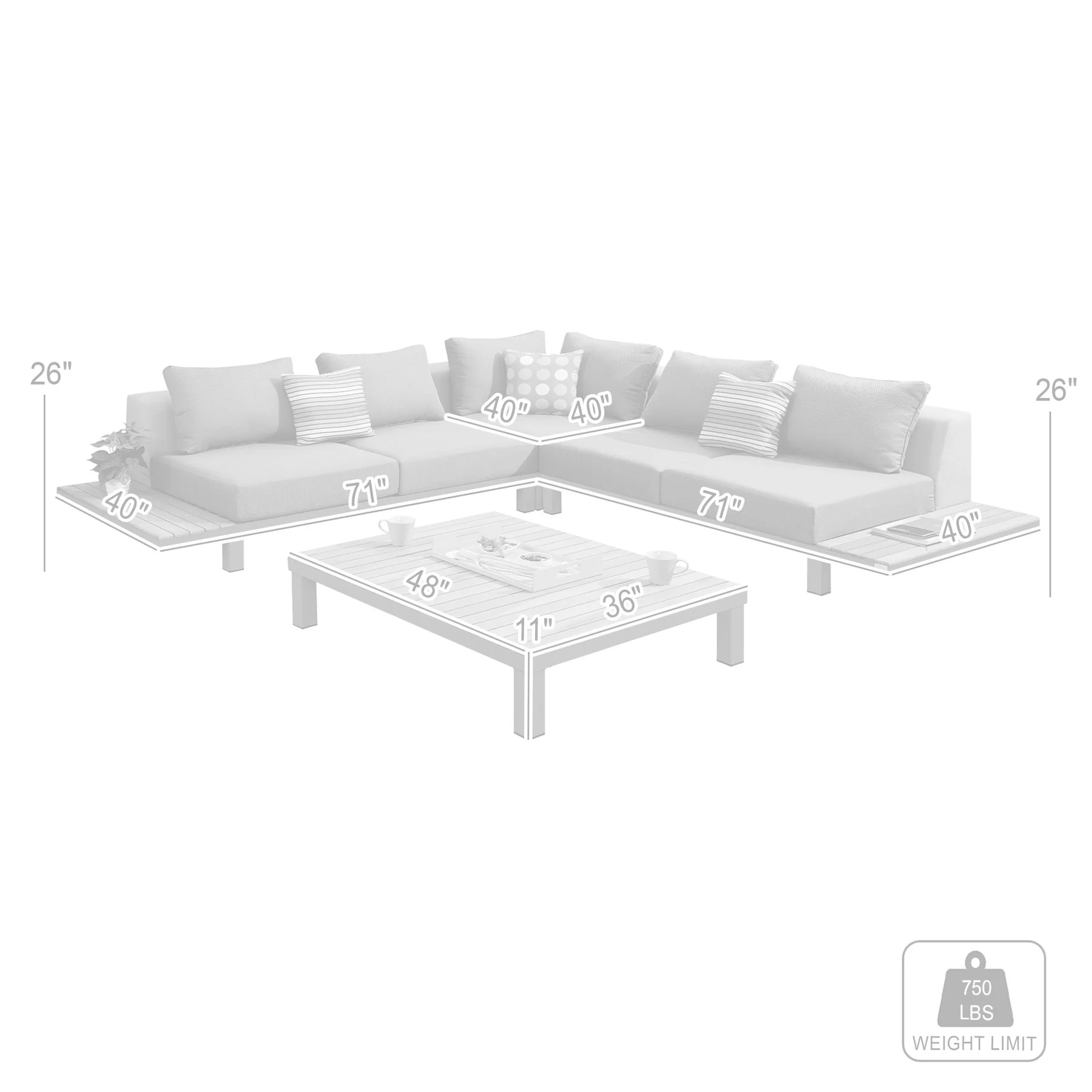 Polo 4 piece Outdoor Sectional Set with Dark Gray Cushions and Modern Accent Pillows - Image 6