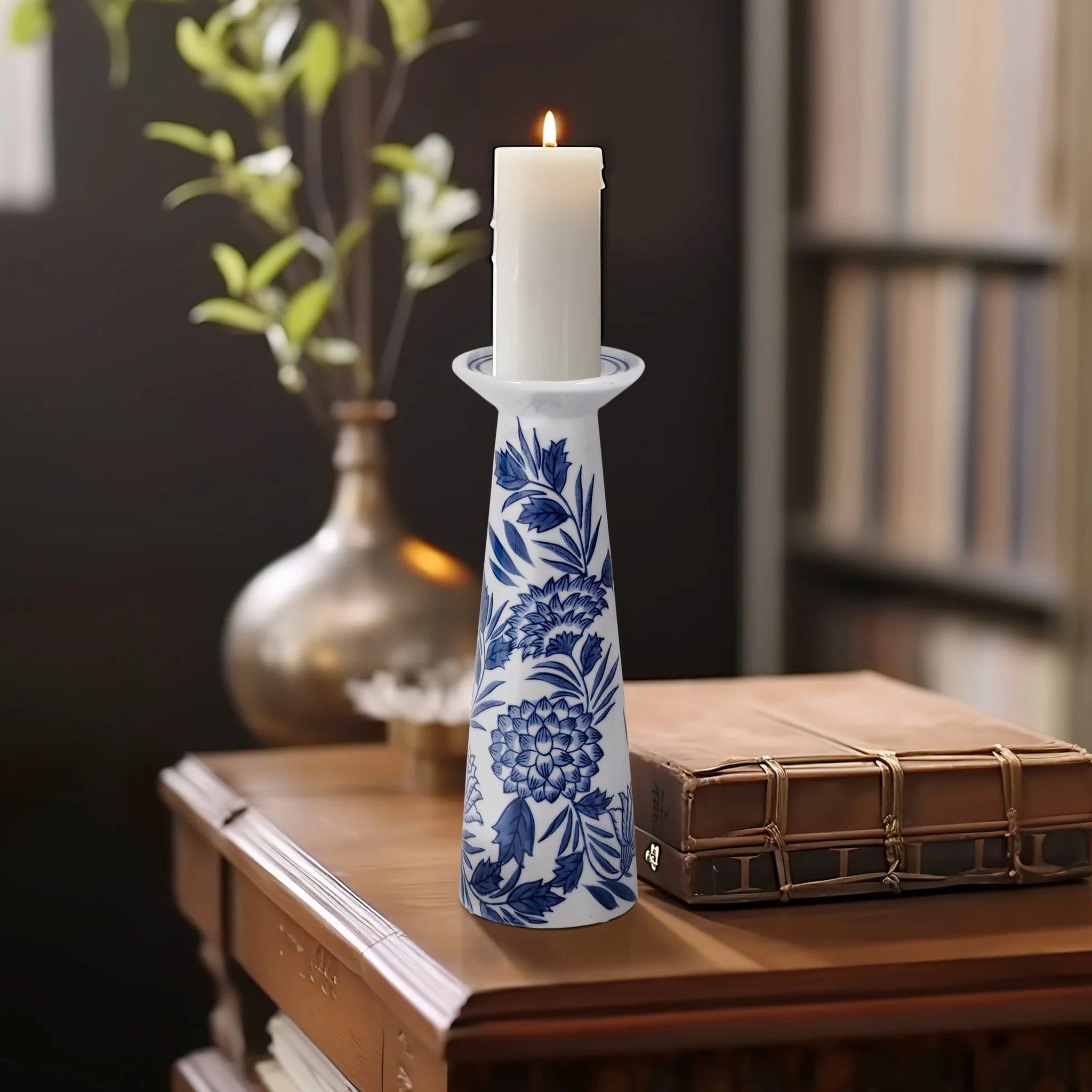 Porc,12"h Chinoiserie Candle Holder,blue/wht - Image 11