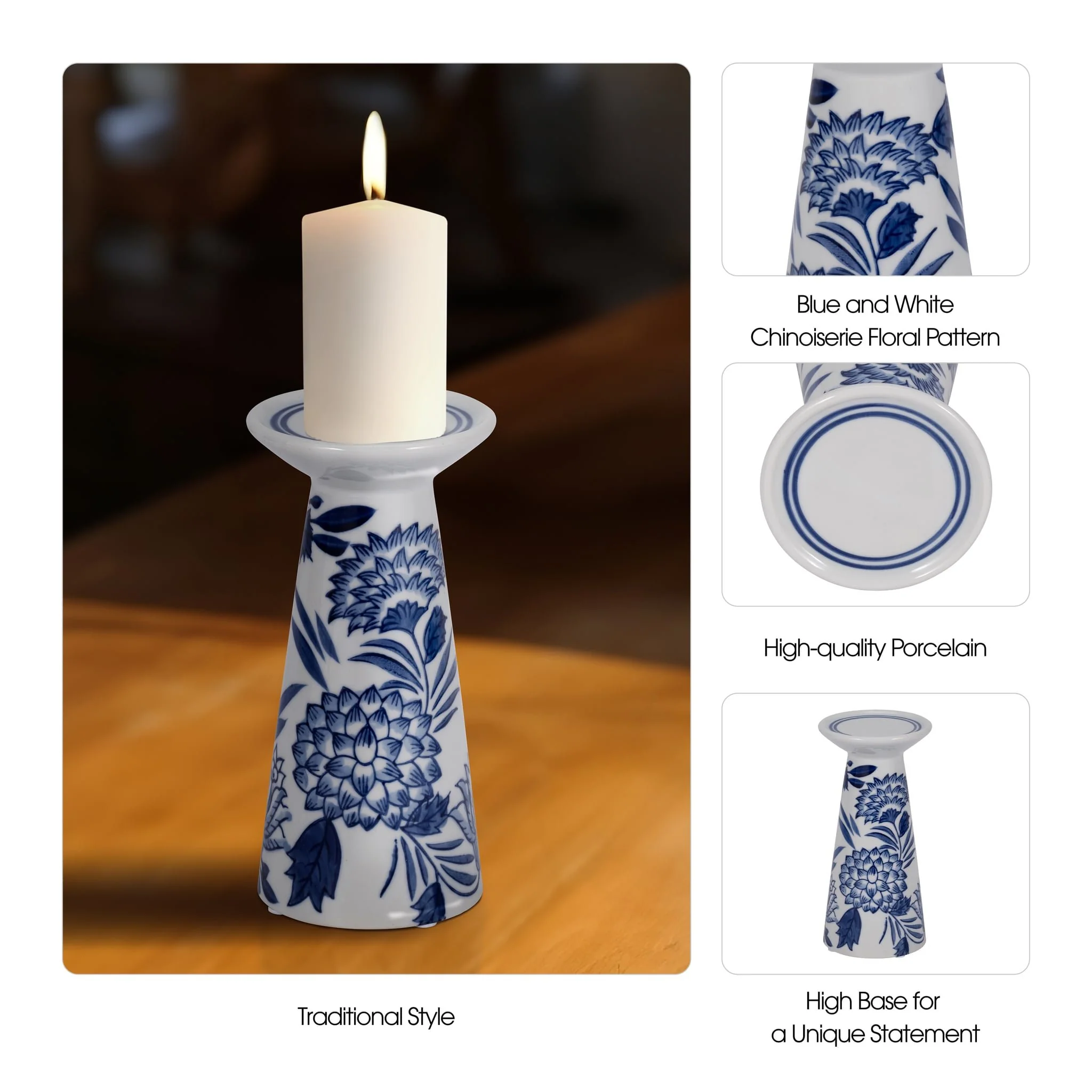 Porc,8"h Chinoiserie Candle Holder,blue/wht - Image 10