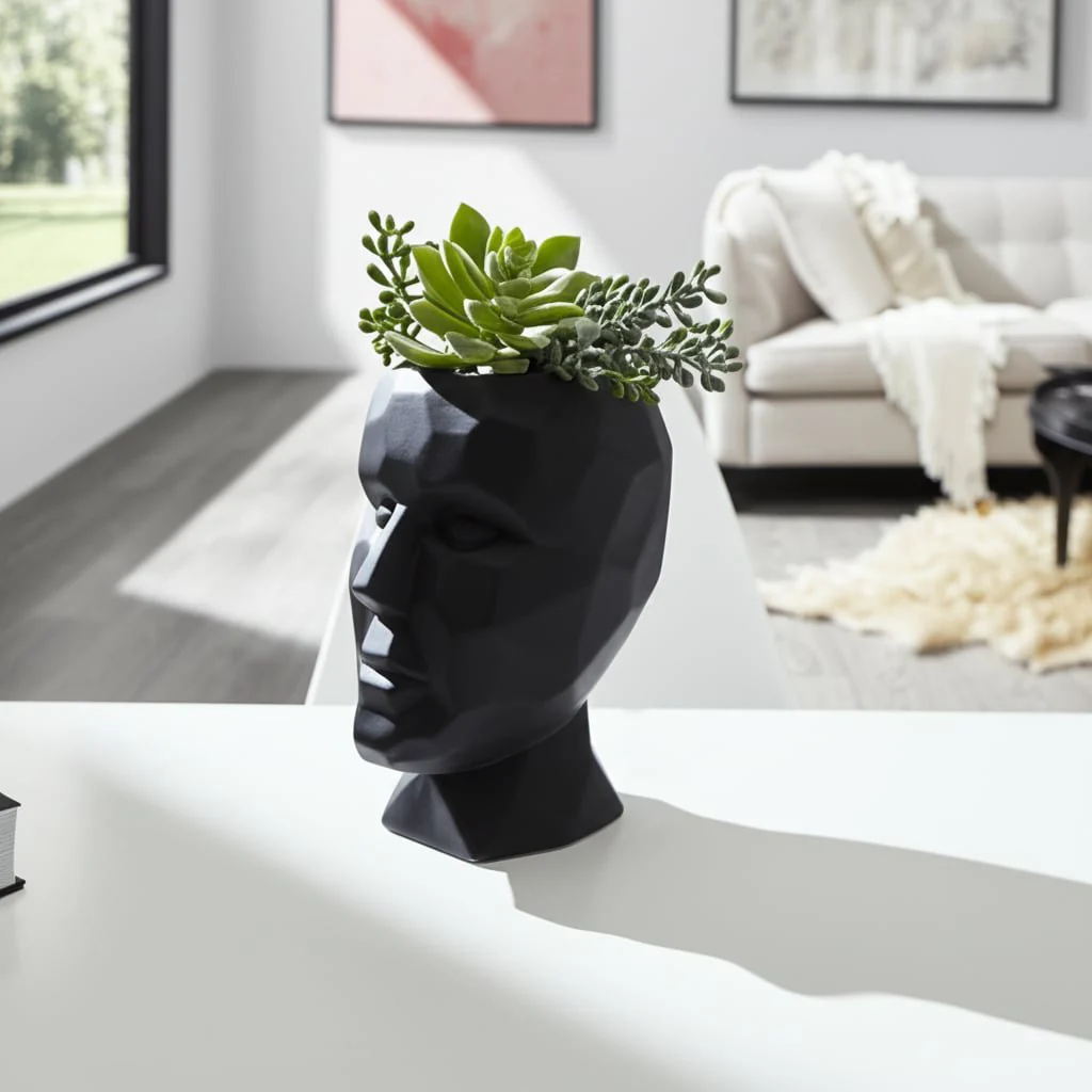 Porcelain, 6" Dia Face Vase, Black - Image 10