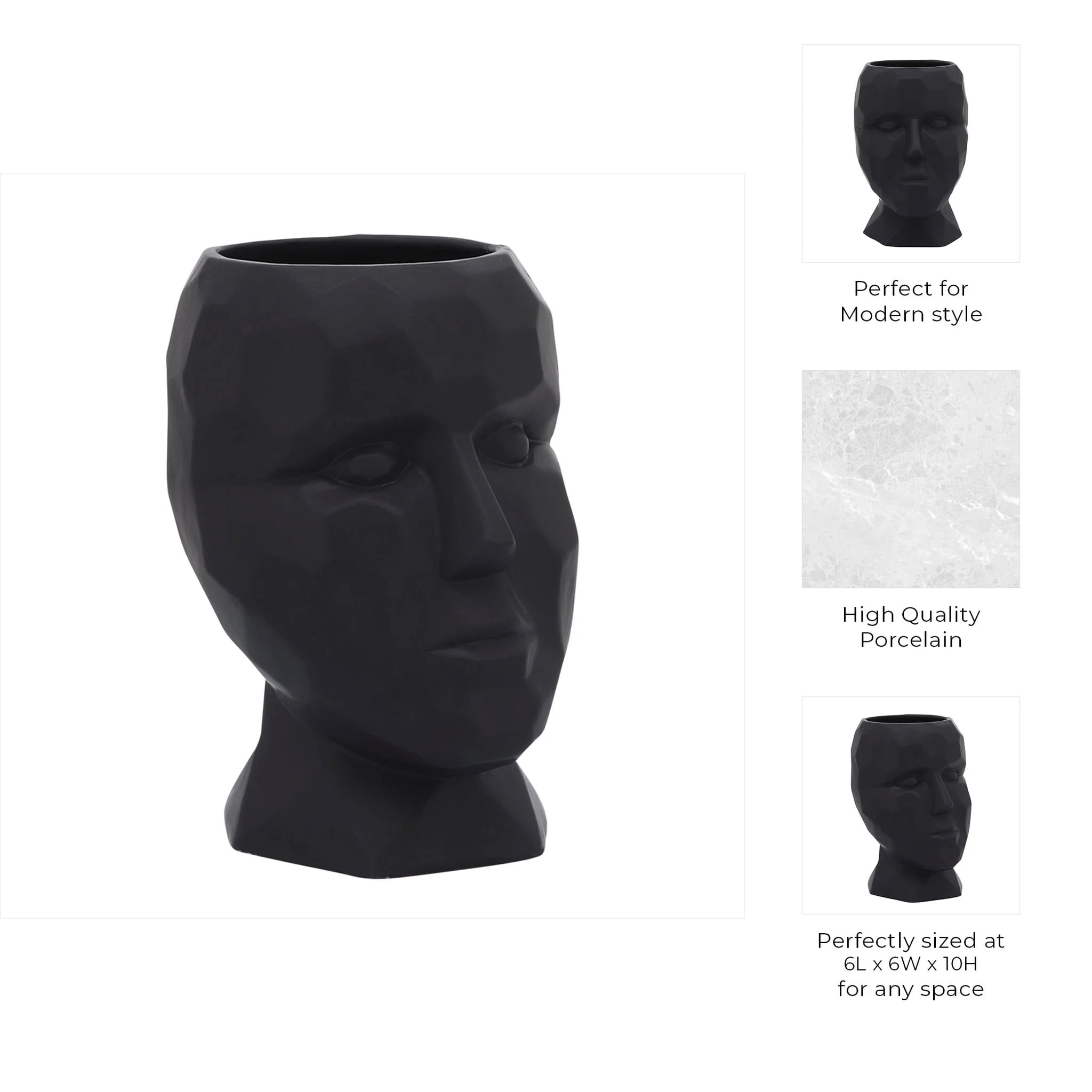Porcelain, 6" Dia Face Vase, Black - Image 7