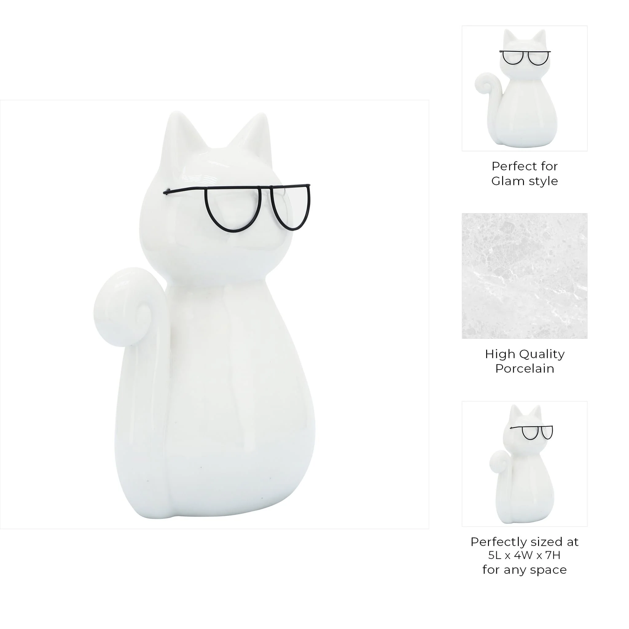 Porcelain, 7"h Cat W/ Glasses, White - Image 8