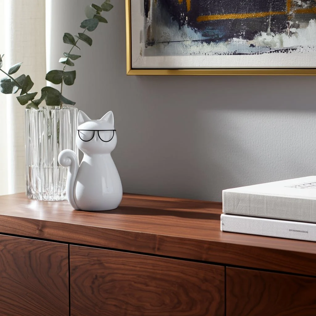 Porcelain, 7"h Cat W/ Glasses, White - Image 9