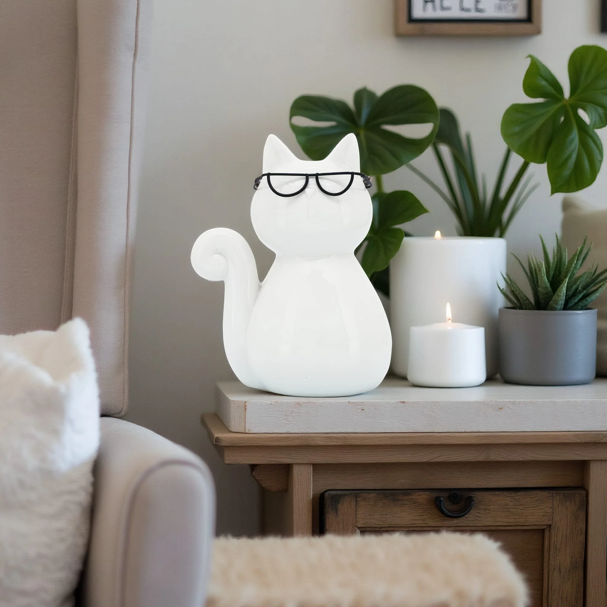 Porcelain, 8"h Cat W/ Glasses, White - Image 11