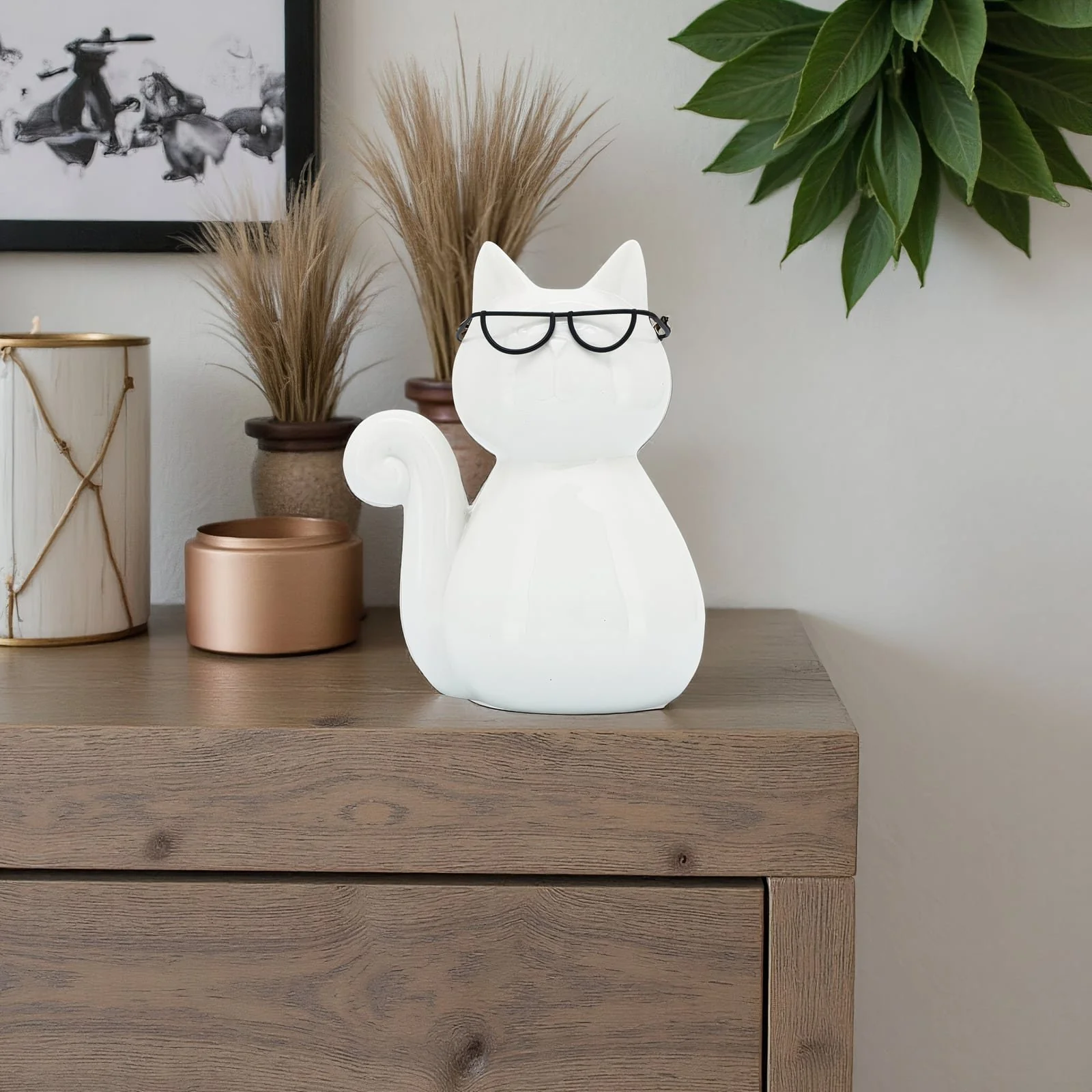 Porcelain, 8"h Cat W/ Glasses, White - Image 12