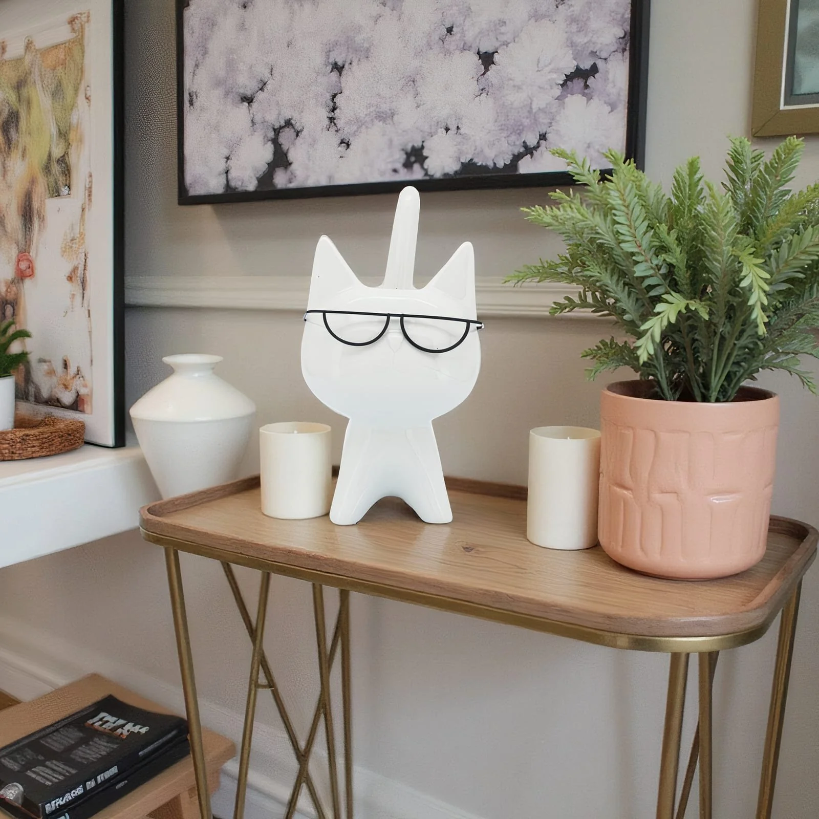 Porcelain, 8"h Kitty W/ Glasses, White - Image 11