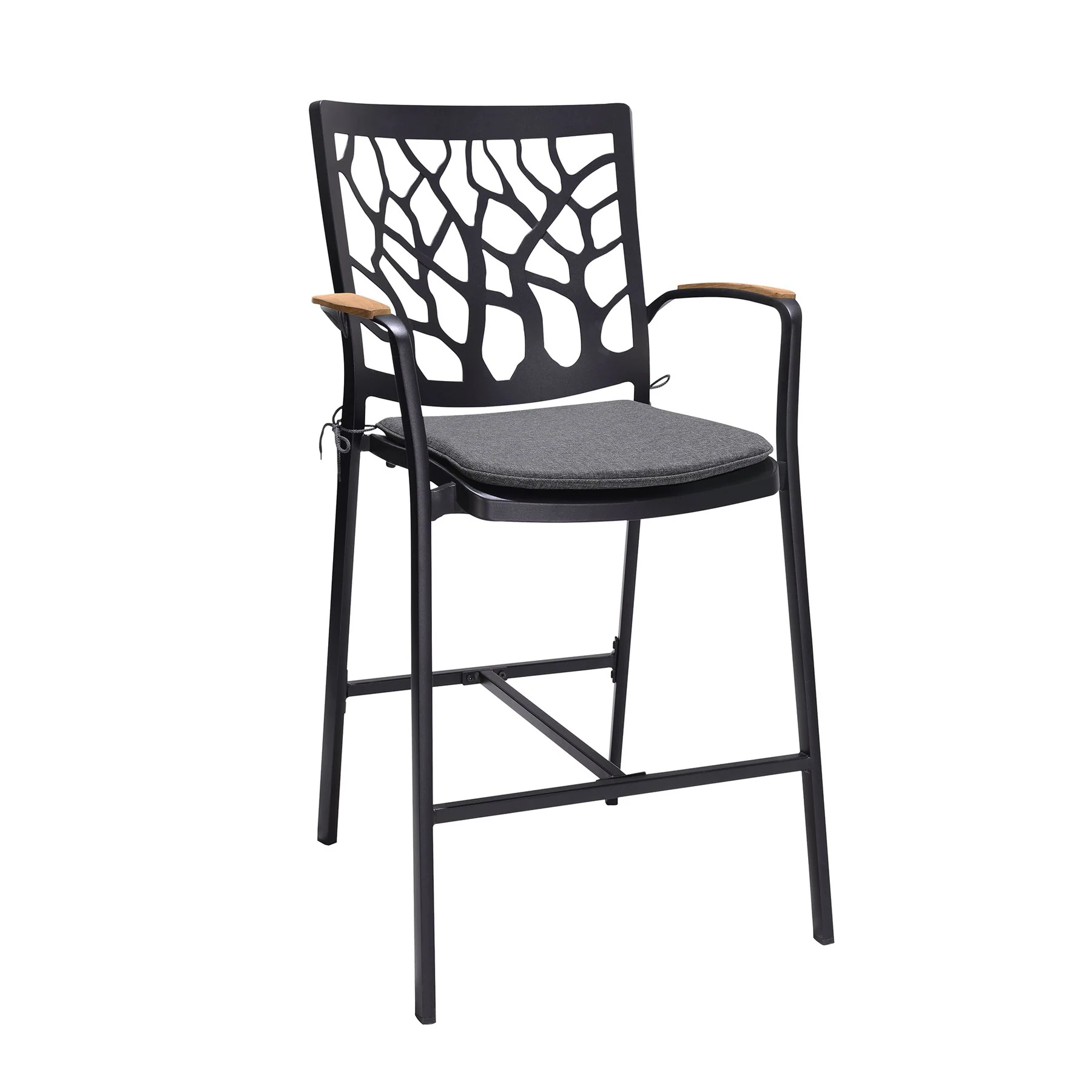 Portals 5 Piece Outdoor Patio Aluminum Bar Set in Black Finish and Natural Teak Wood Accent Top - Image 2