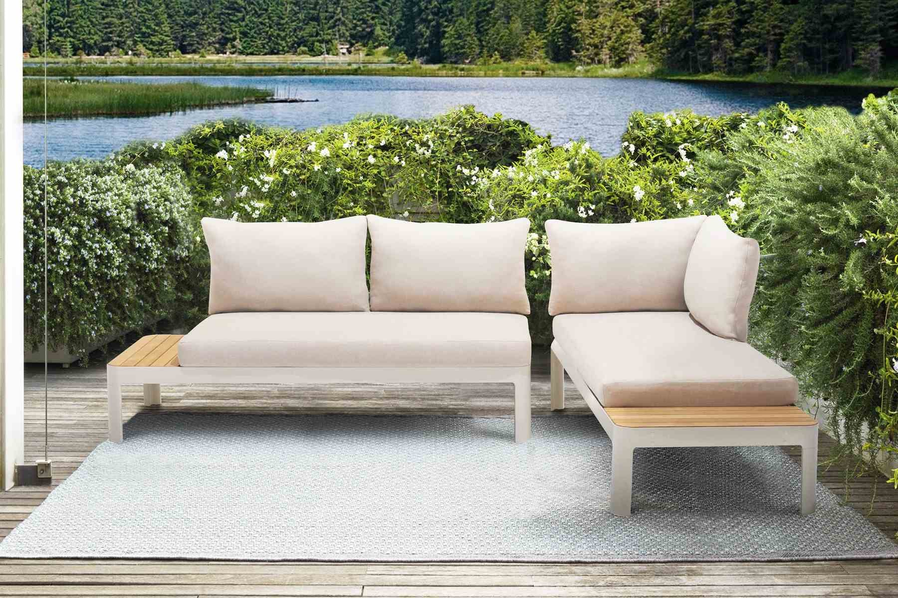 Portals Outdoor 2 Piece Sofa Set in Light Matte Sand Finish with Beige Cushions and Natural Teak Wood Accent - Image 7