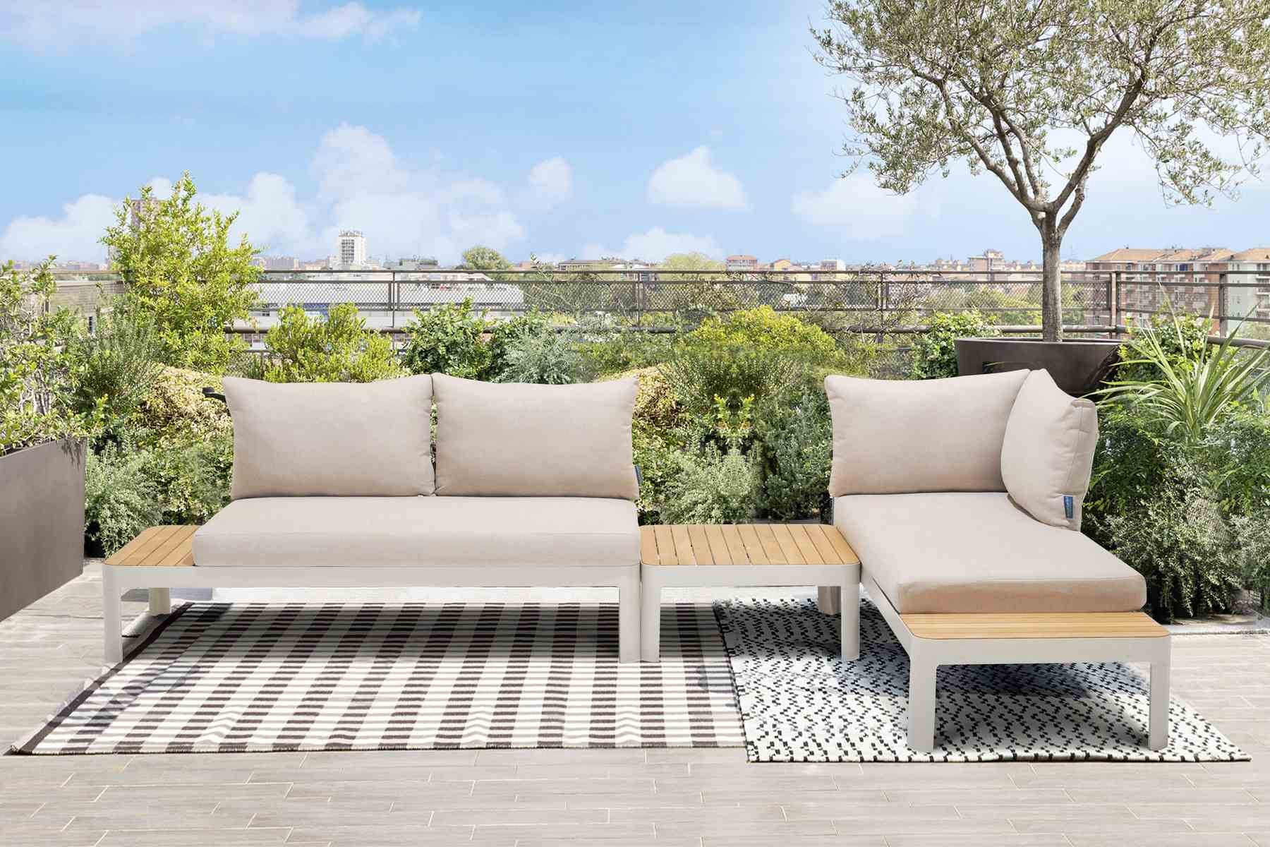 Portals Outdoor 3 Piece Sofa Set in Light Matte Sand Finish with Natural Teak Wood Top Accent - Image 6