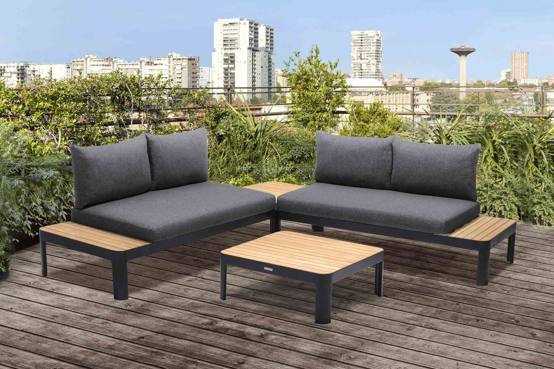 Portals Outdoor 4 Piece Sofa set in Black Finish with Natural Teak Wood Top Accent - Image 6