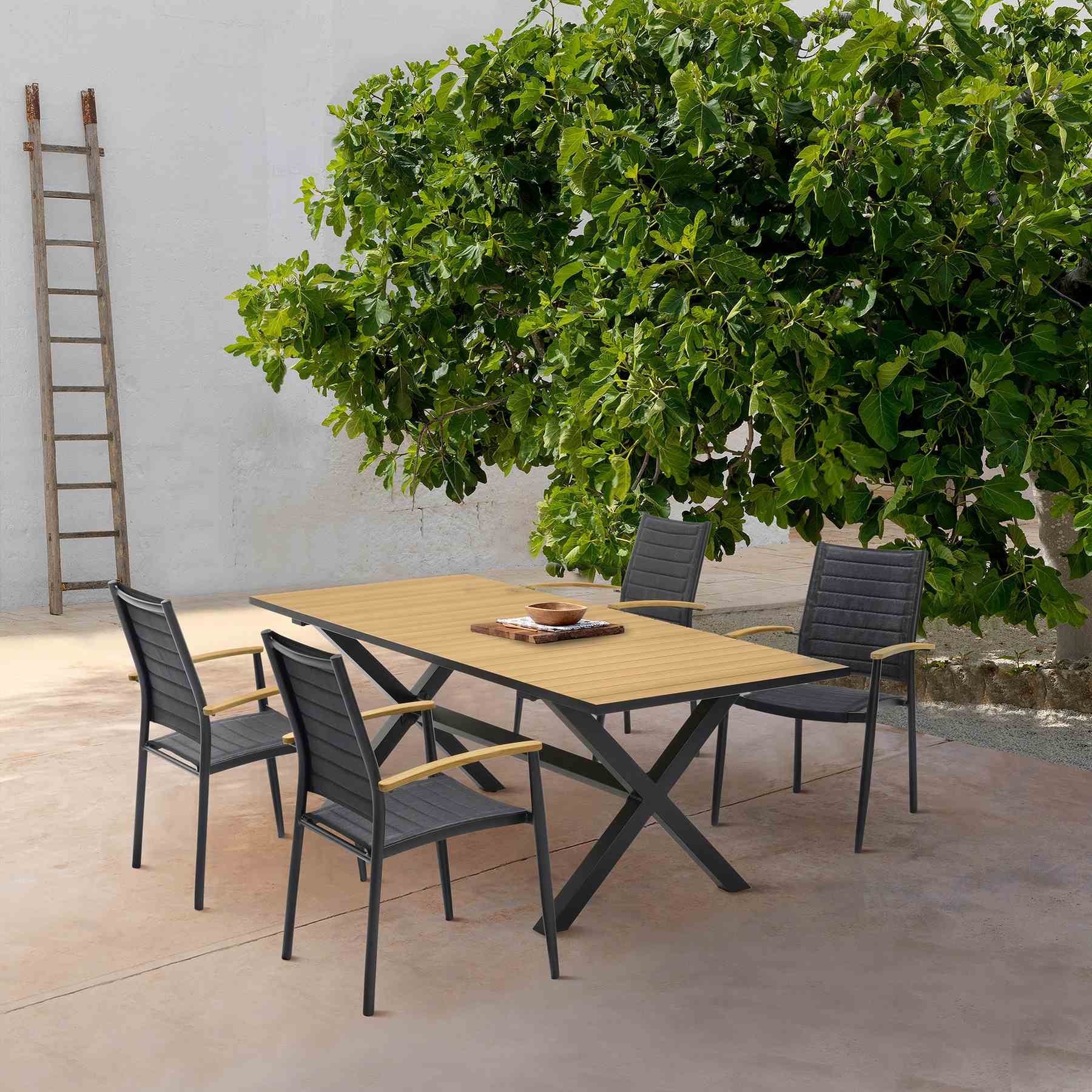 Portals Outdoor 5 Piece Black Aluminum & Teak Wood Dining Set - Image 8