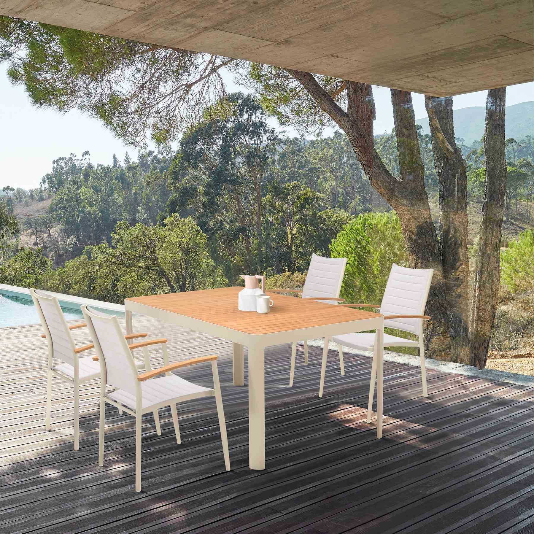 Portals Outdoor 5 Piece Coral Sand Aluminum & Teak Wood Dining Set - Image 8