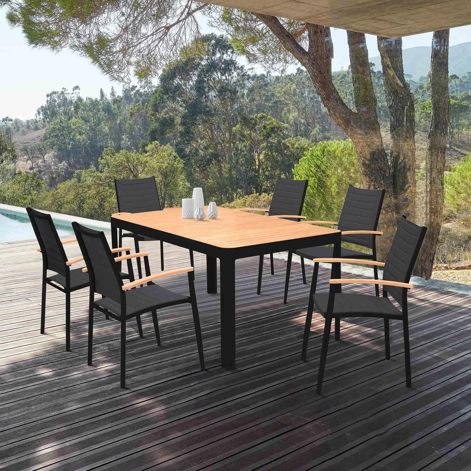 Portals Outdoor 7 Piece Black Aluminum & Teak Wood Dining Set - Image 8
