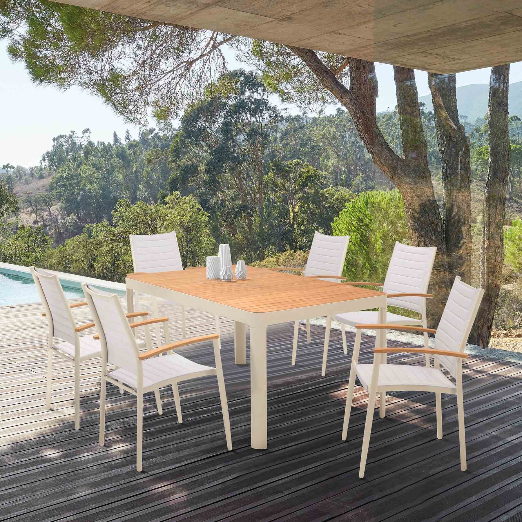 Portals Outdoor 7 Piece Coral Sand Aluminum & Teak Wood Dining Set - Image 8
