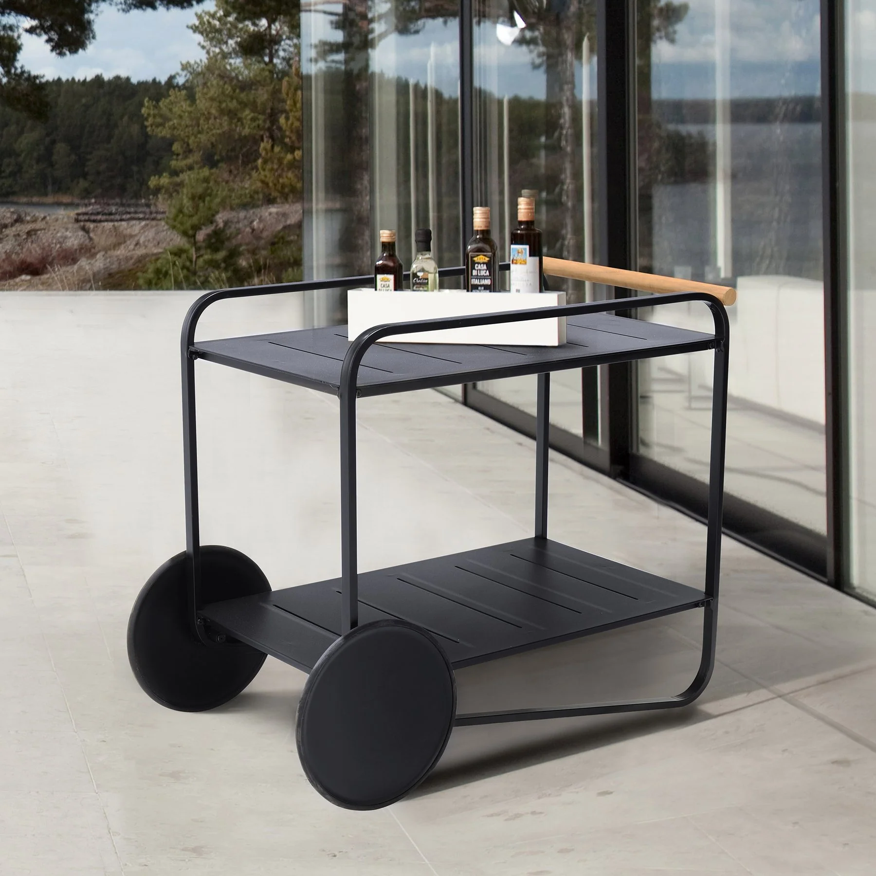 Portals Outdoor Accent Cart in Black Finish and Natural Teak Wood Accent - Image 7