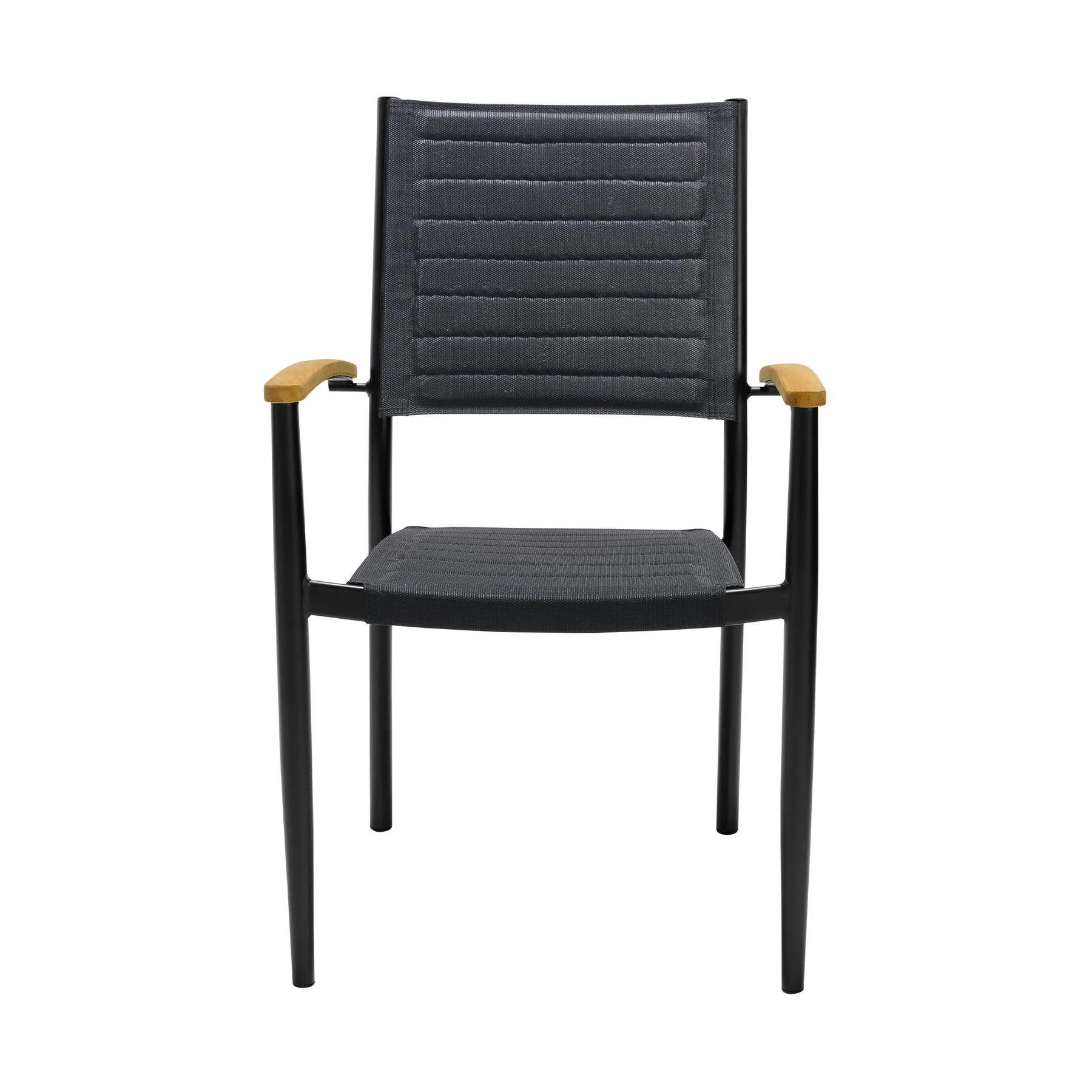 Portals Outdoor Black Aluminum Stacking Dining Chair with Teak Arms - Set of 2 - Image 3