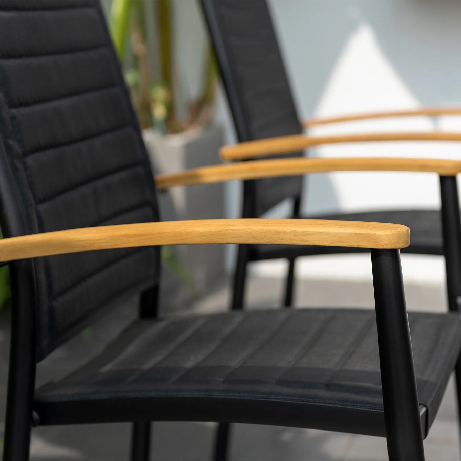 Portals Outdoor Black Aluminum Stacking Dining Chair with Teak Arms - Set of 2 - Image 5