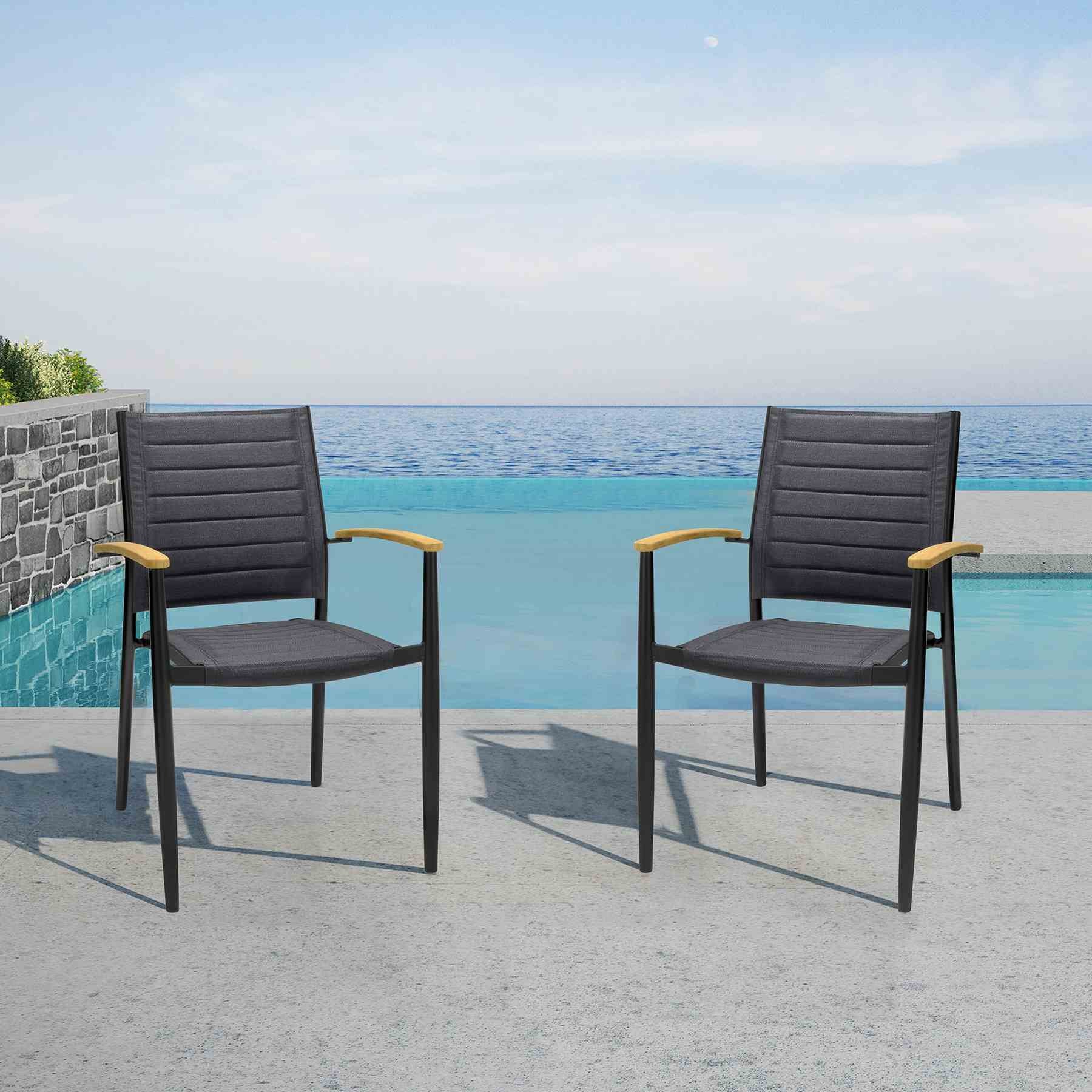 Portals Outdoor Black Aluminum Stacking Dining Chair with Teak Arms - Set of 2 - Image 6