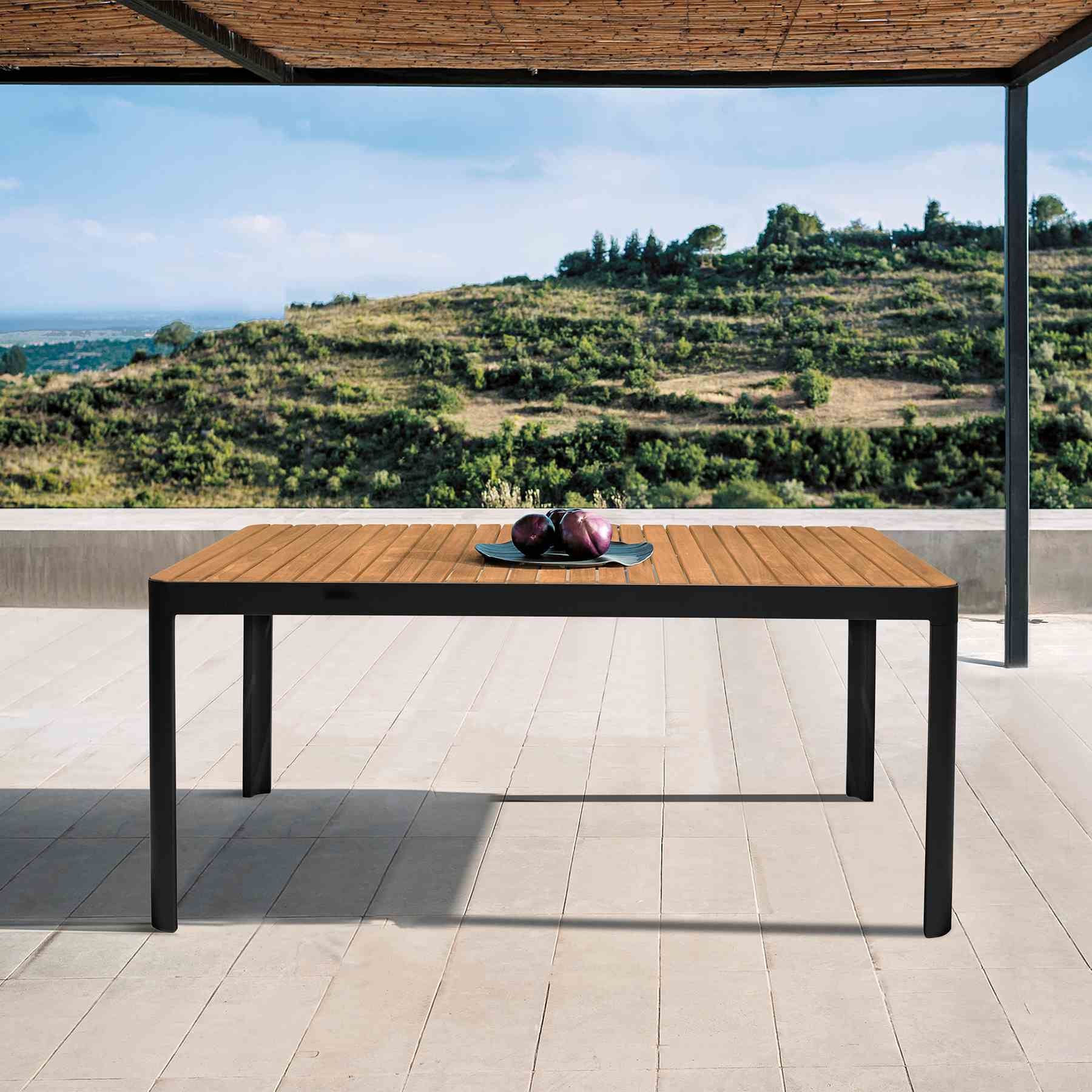Portals Outdoor Black Rectangle Teak Wood & Aluminum Dining Table - Image 5