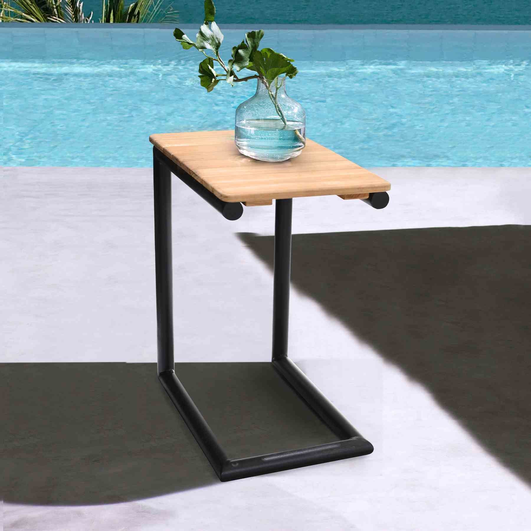 Portals Outdoor C-Shape Side Table in Black Finish and Natural Teak Wood Top - Image 5
