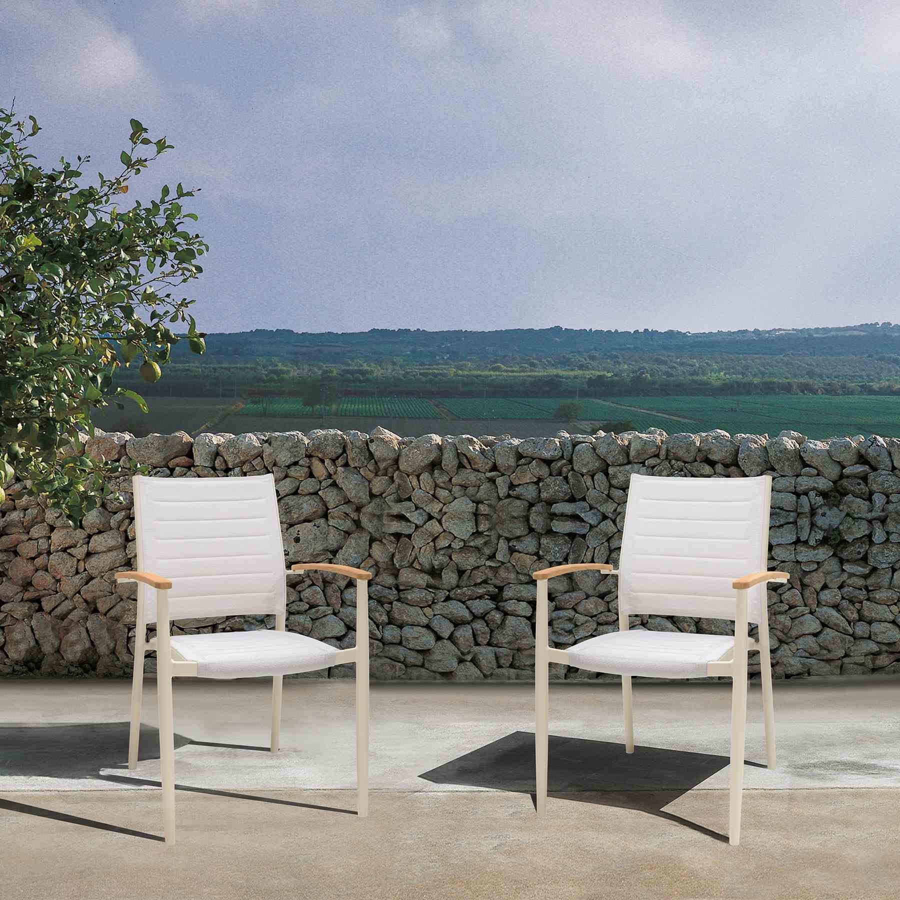 Portals Outdoor Coral Sand Aluminum Stacking Dining Chair with Teak Arms - Set of 2 - Image 7